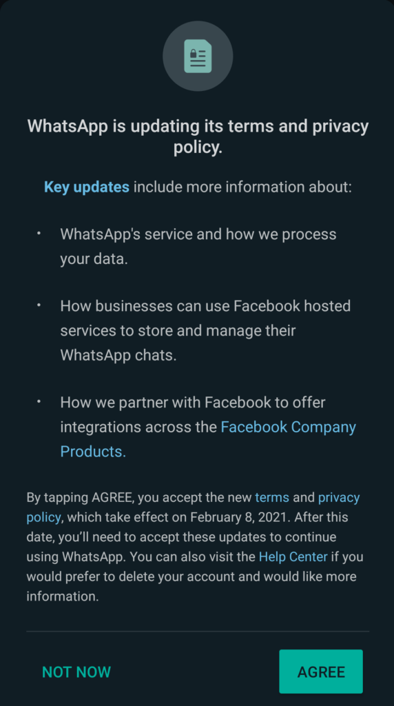 Screenshot of WhatsApp privacy policy