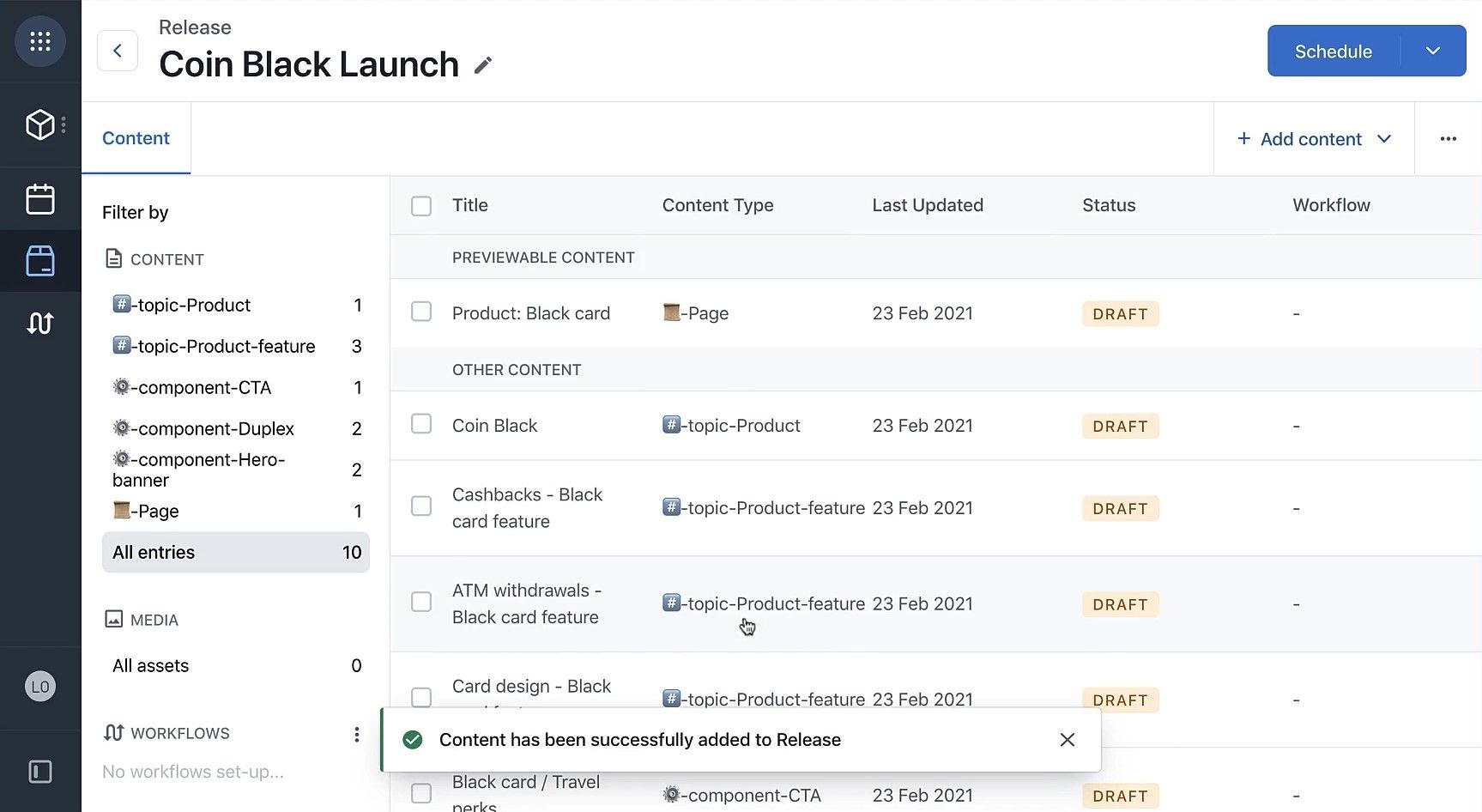 Contentful content schedule screen