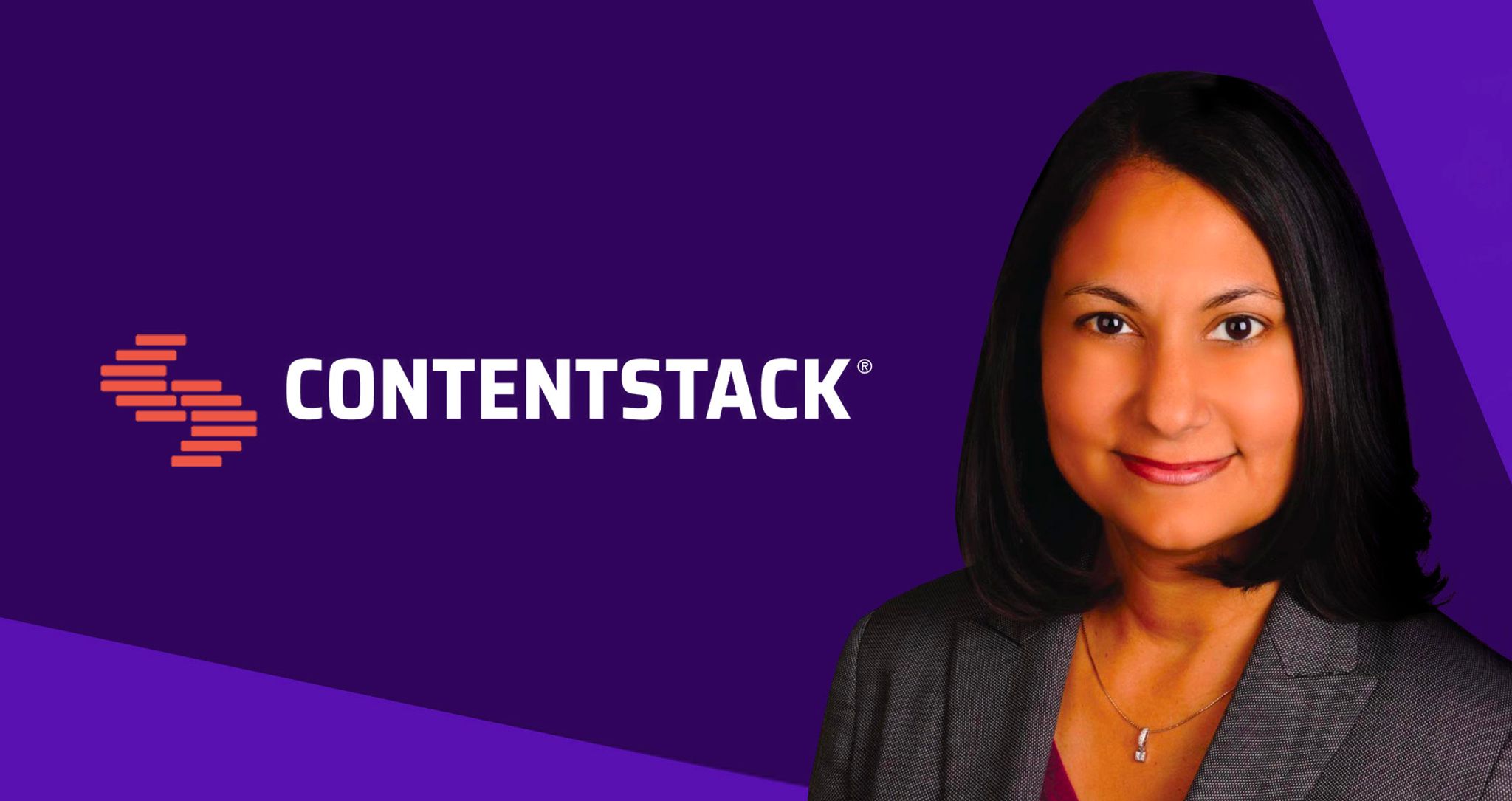 Contentstack logo with image of Neha Sampat, CEO