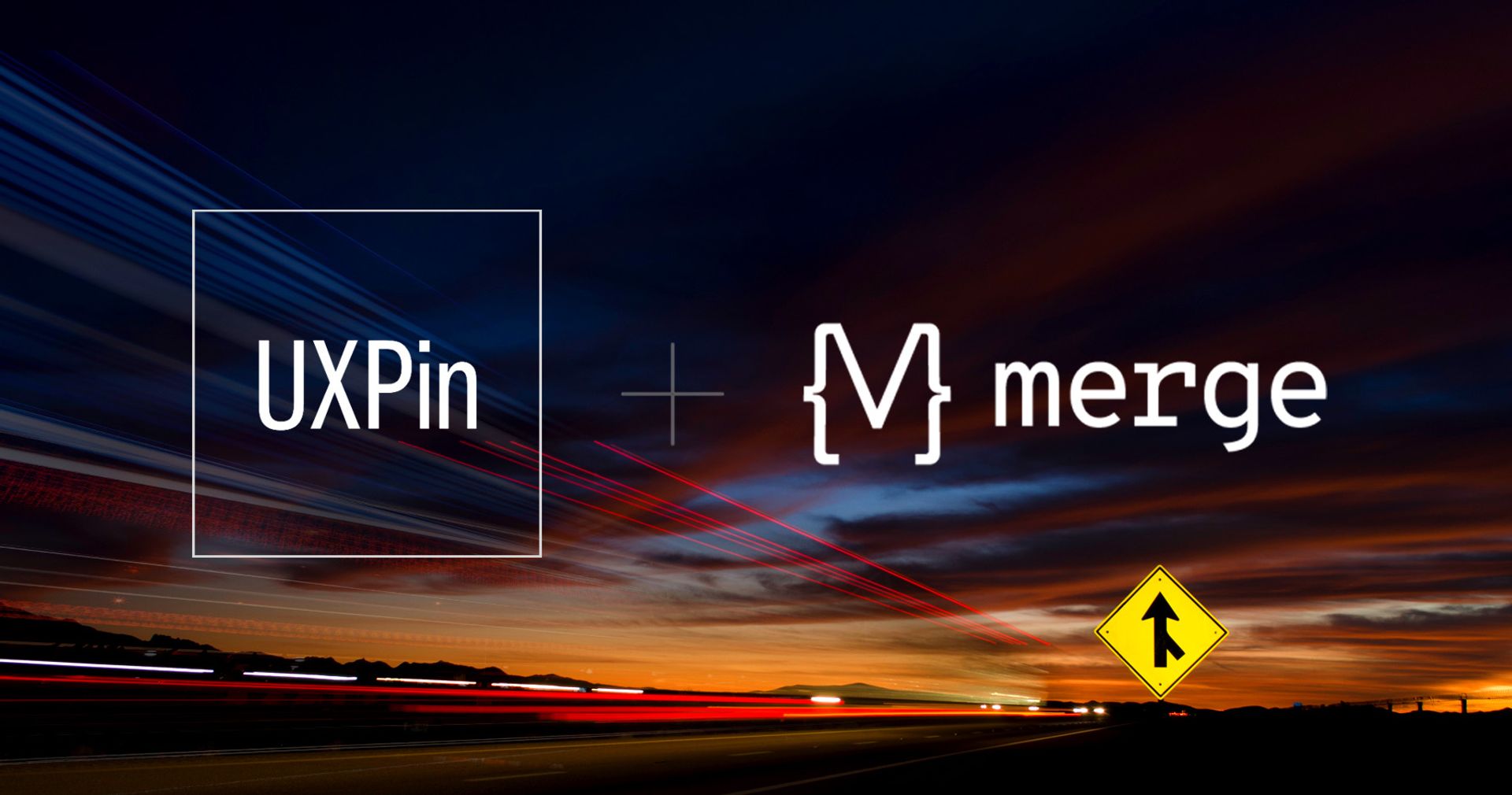 UXPin and Merge logos against a highway with merge sign