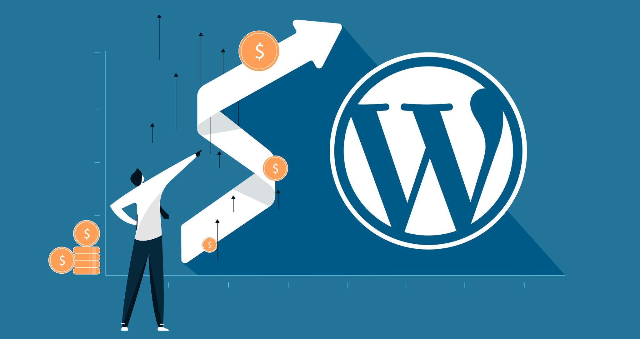 Composite illustration of WordPress logo and growth chart with man pointing upwards.