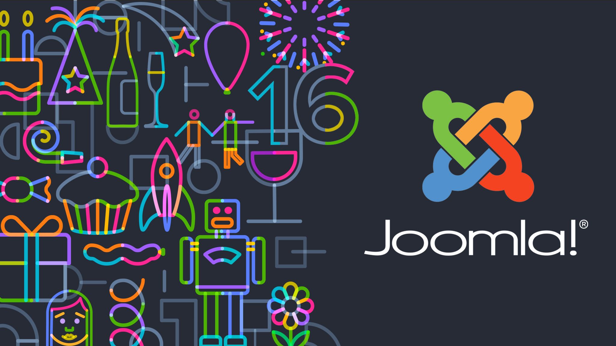 Background graphics of birthday themed elements with Joomla logo