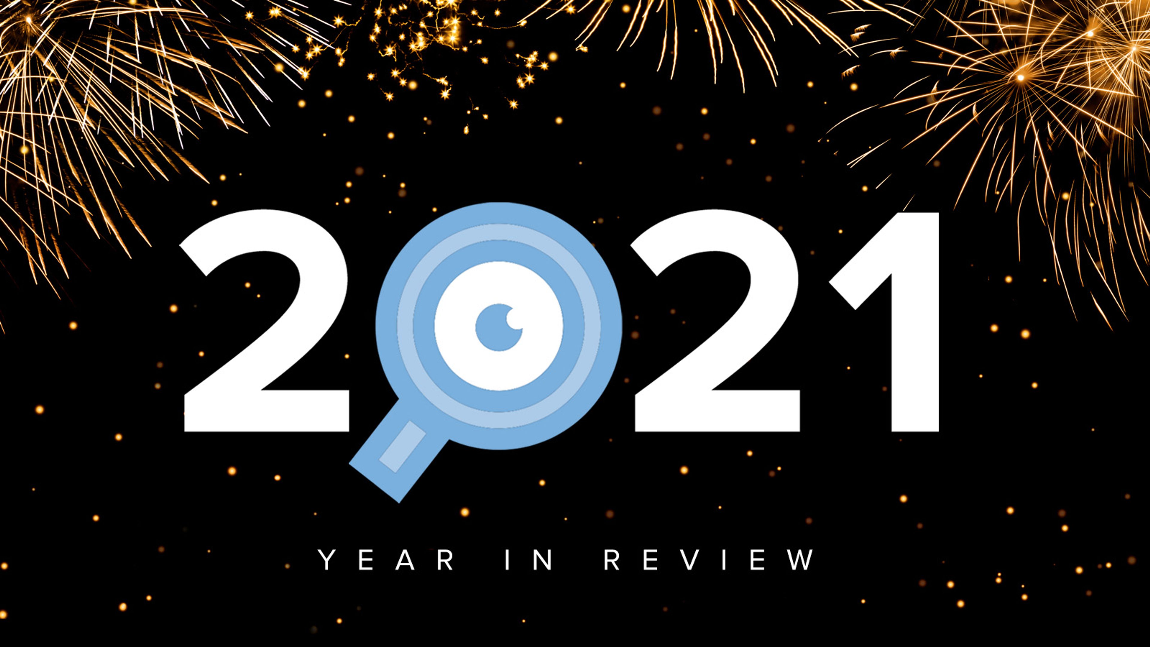 Image of 2021 with the CMS Critic magnifying glass logo icon replacing the zero in 2021 text, fireworks exploding in the background