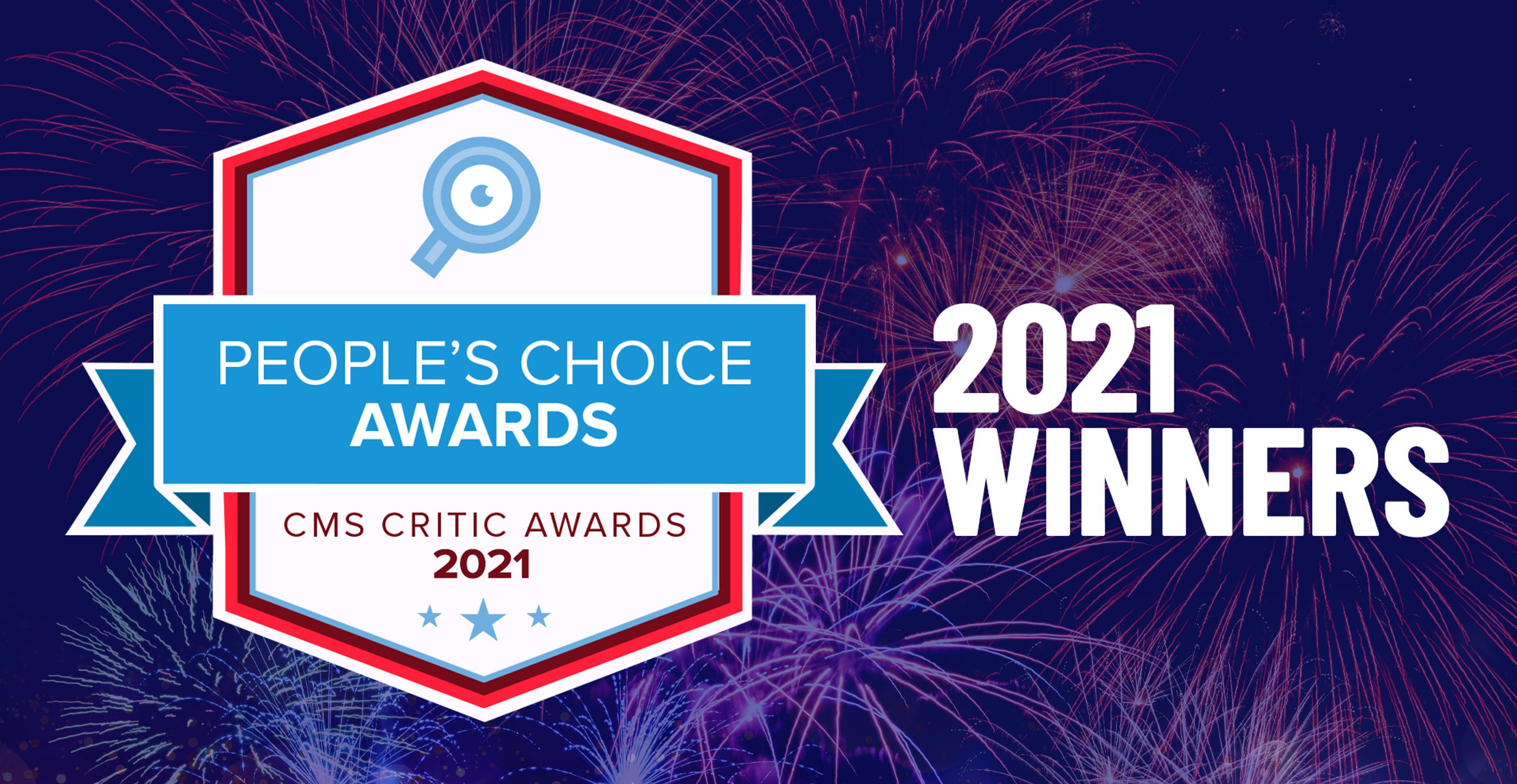 Image of the 2021 CMS Critic People's Choice Awards logo with the Text "2021 Winners" to the right, all against a background image of fireworks.