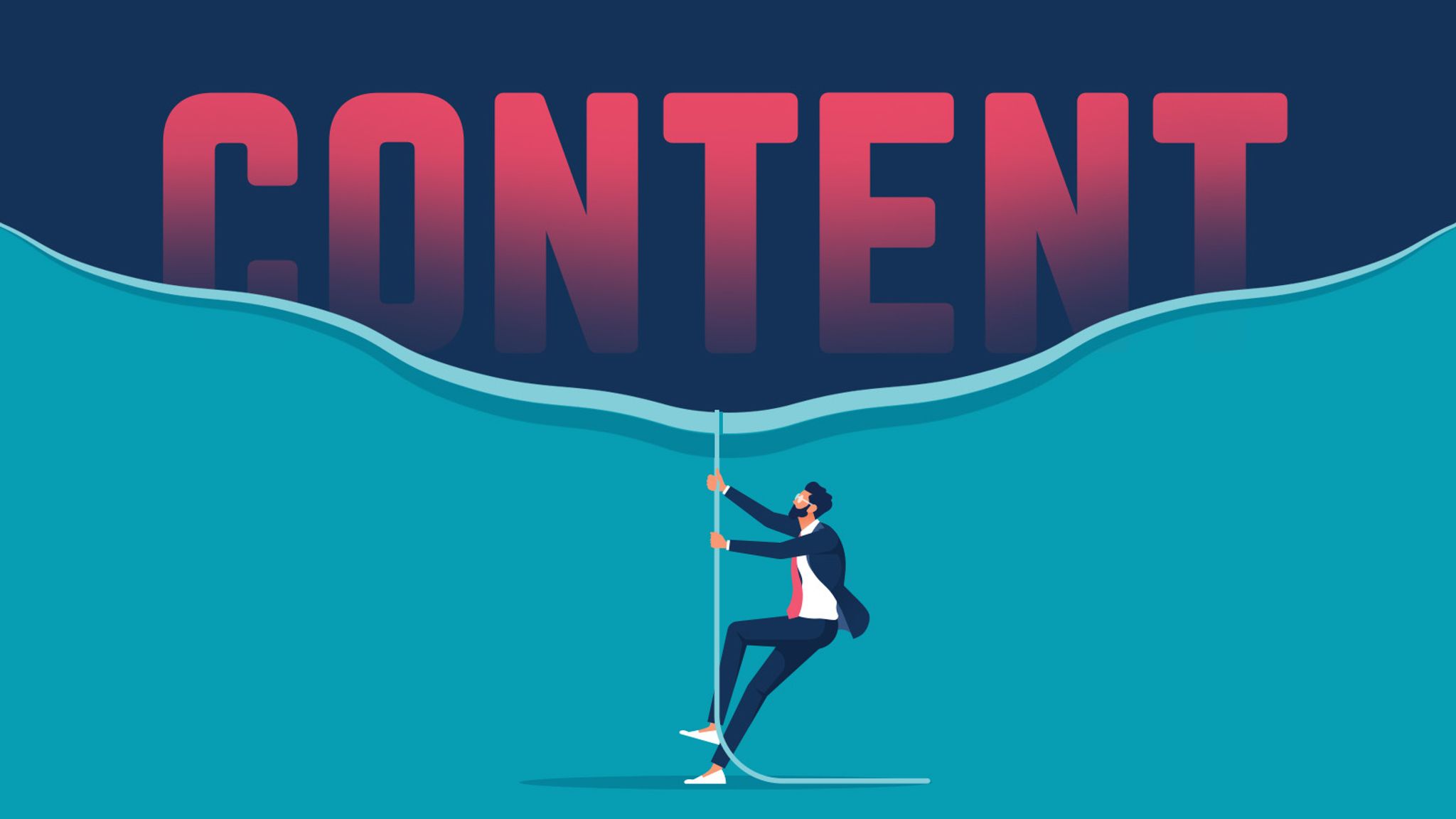 Featured image of graphic man pulling down a curtain to reveal a large text graphic of the word "CONTENT"