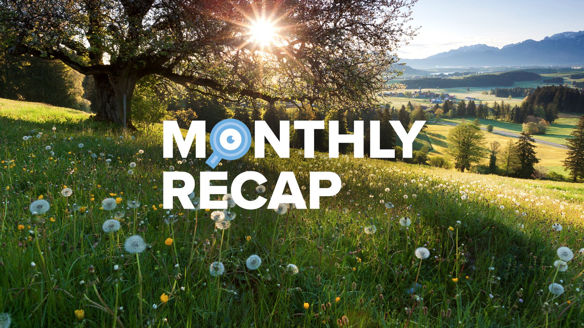 Image of a spring field of dandelionsand hill under a large oak tree, with a bright sun peeking through. A small town can be seen in the distance. The CMS Critic Monthly Recap text and logo floats over the image at the center.