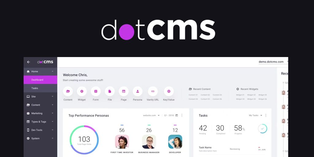 Image of dotCMS logo over a screen shot of the CMS user interface