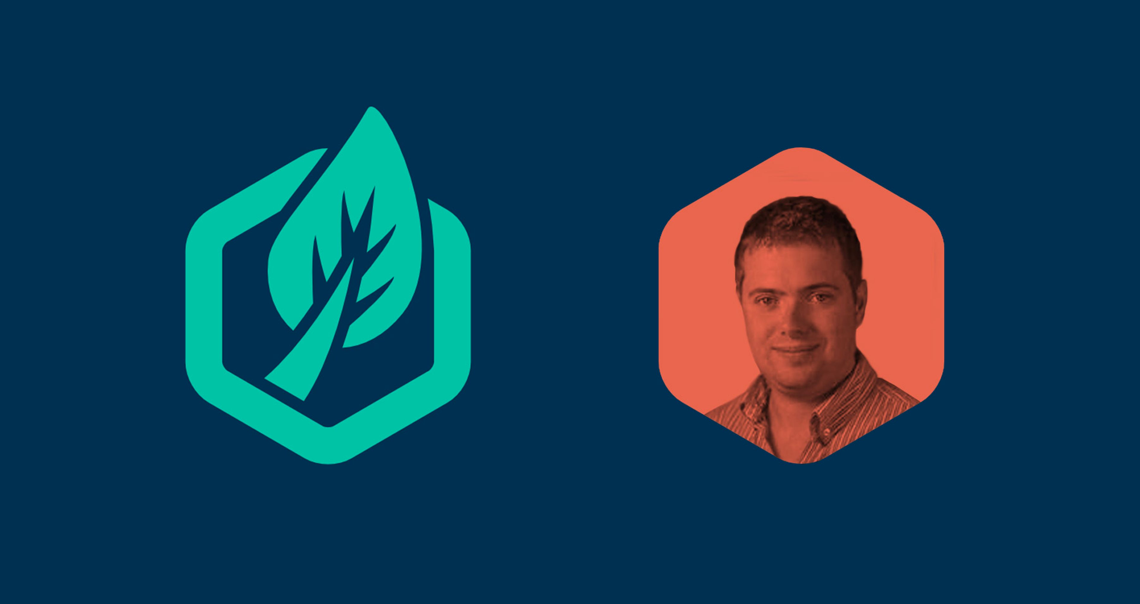 Image of the Contensis logo icon - a hexagon with a leaf in the center in aqua - next to an orange hexagon with the headshot of Richard Chivers in a monochromatic tone.
