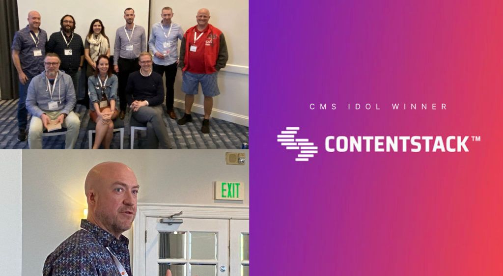 CMS Idol contestants and judges with the Contentstack logo as the winner