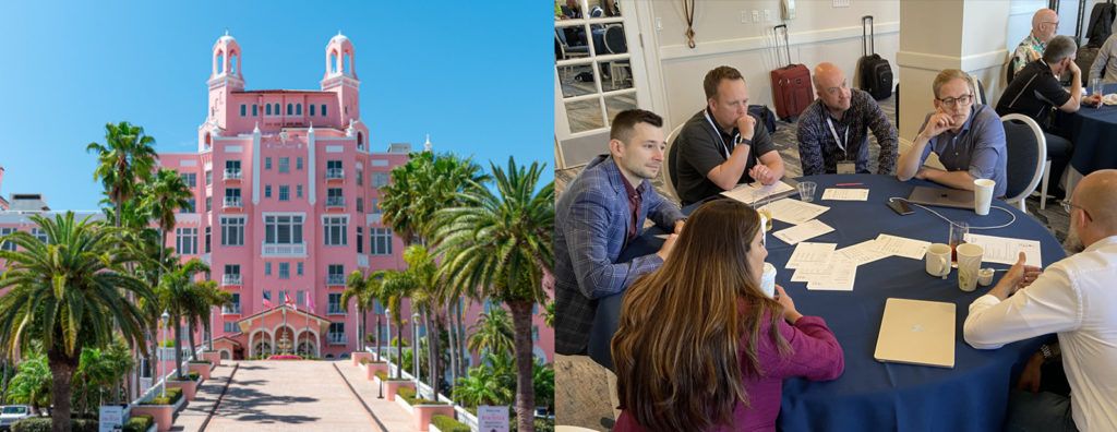 Composite of the Don Cesar Hotel with an image of a group discussion at the CMS Kickoff