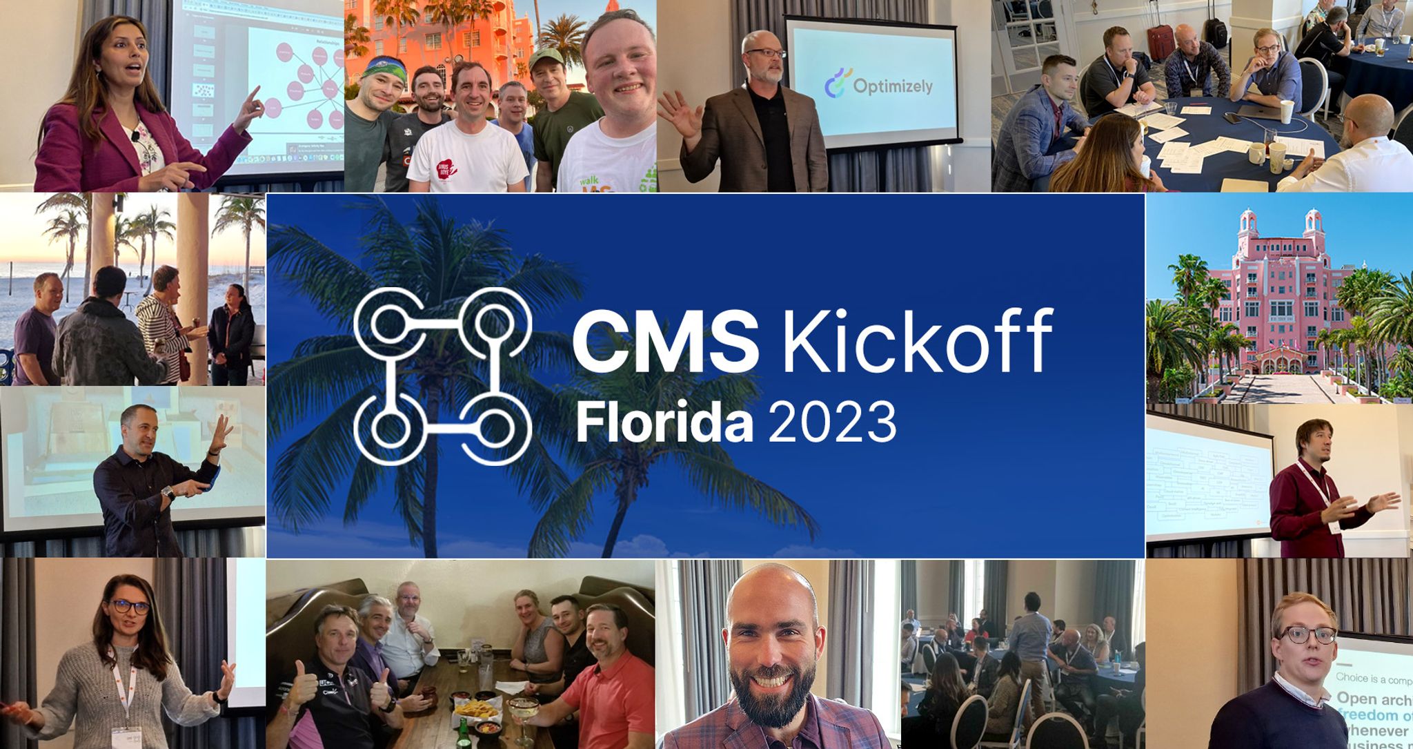 CMS Kickoff 2023 photo montage with images from the event of people and sessions