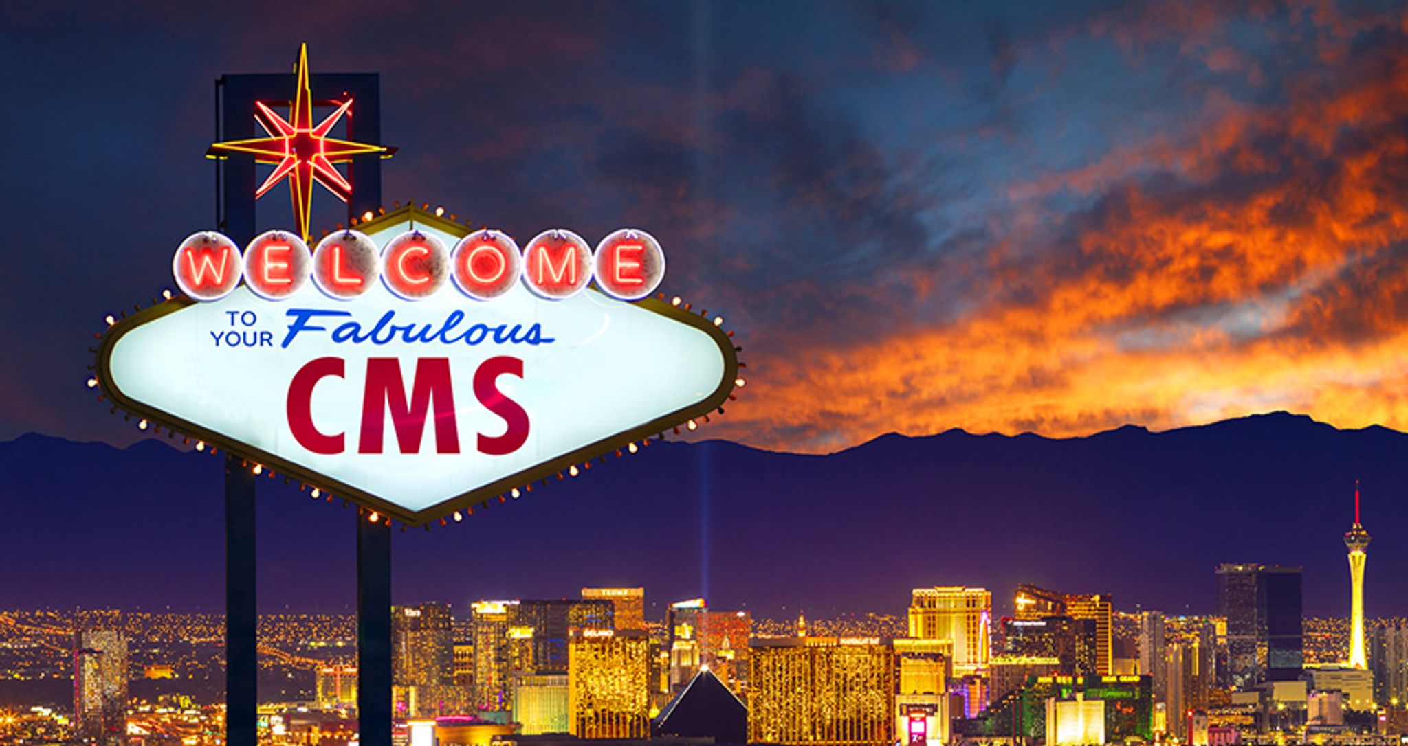 Las Vegas sign with text that reads "Welcome to your Fabulous CMS" instead of Las Vegas. Background of Las Vegas city skyline at night.