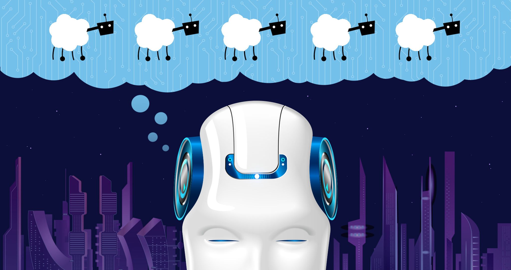 An android with its eyes closed, and a cloud above showing it dreaming of electric sheep.
