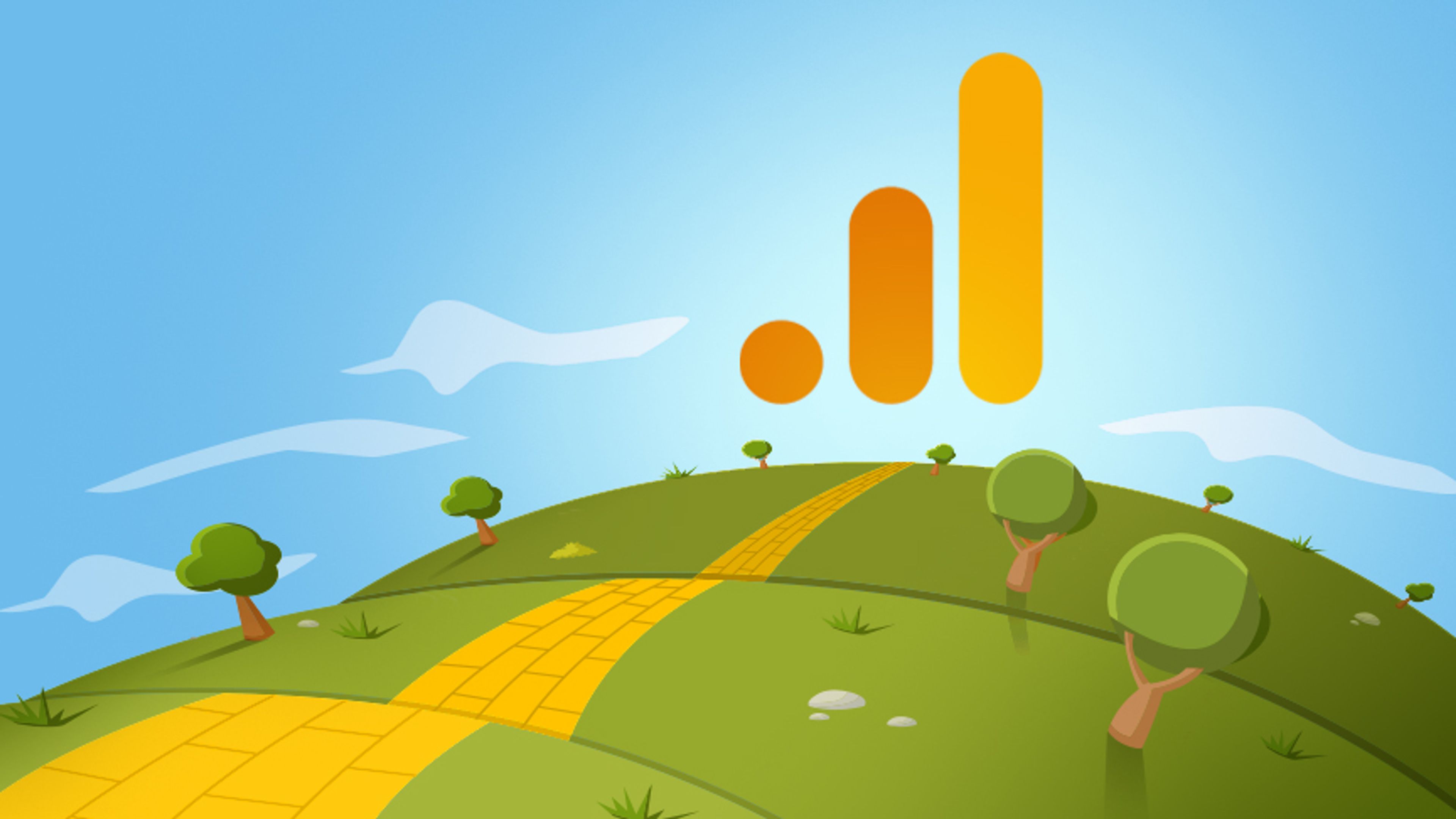 Yellow brick road with Google Analytics logo in the sky in the distance.
