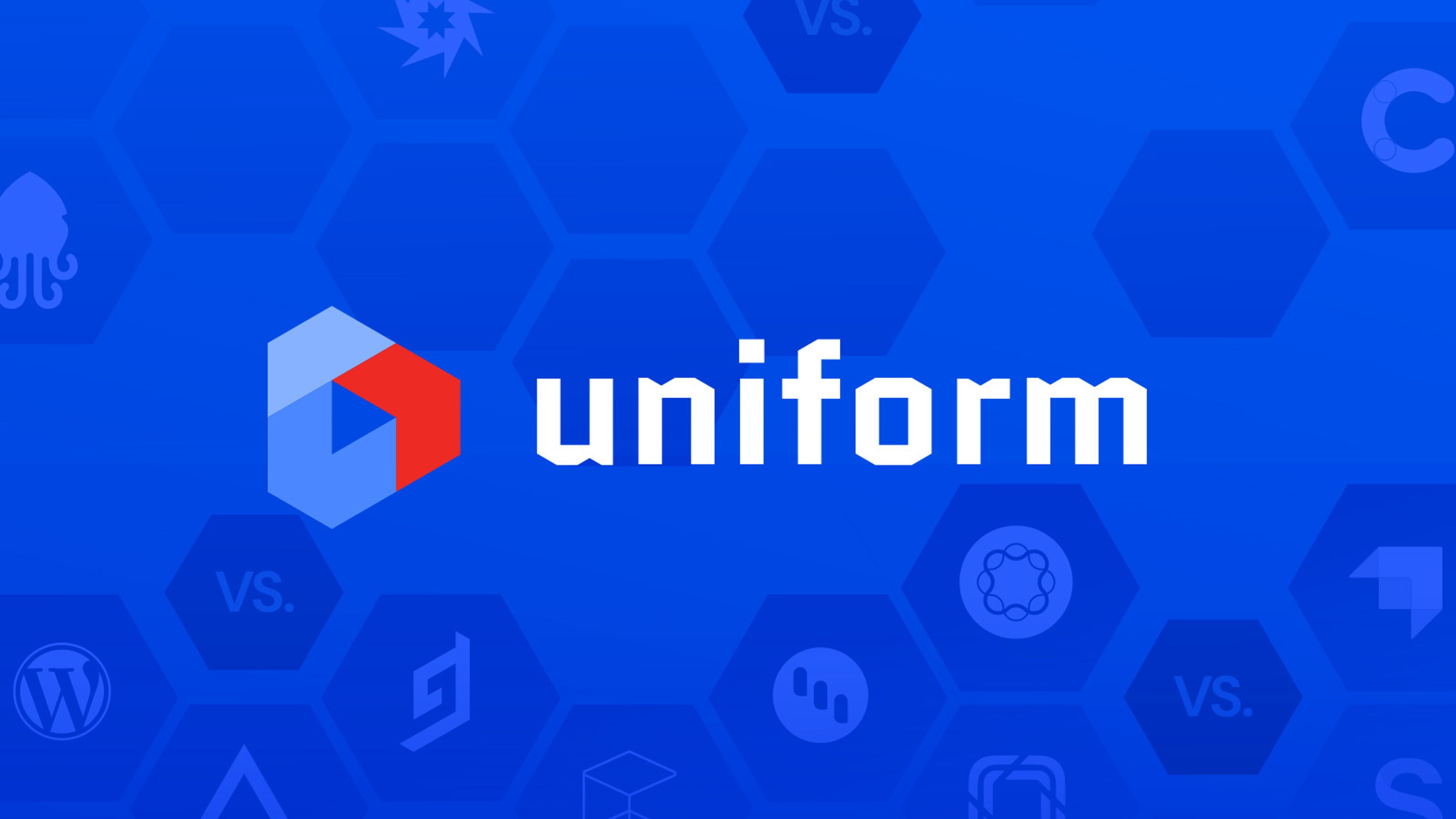 Uniform logo against a blue background featuring logos of various CMS platforms