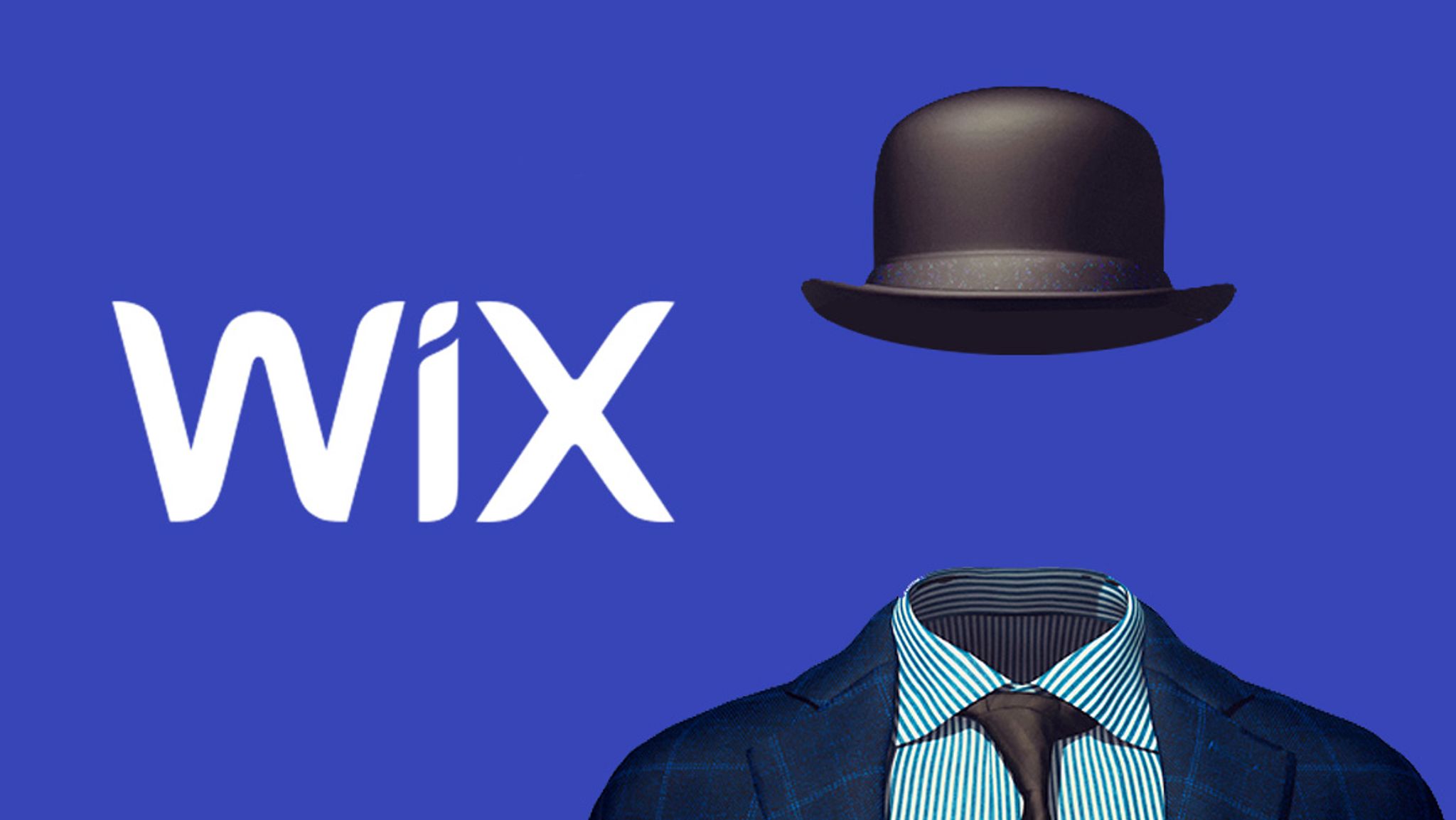 Wix logo with image of a headless man's torso and floating bowler hat