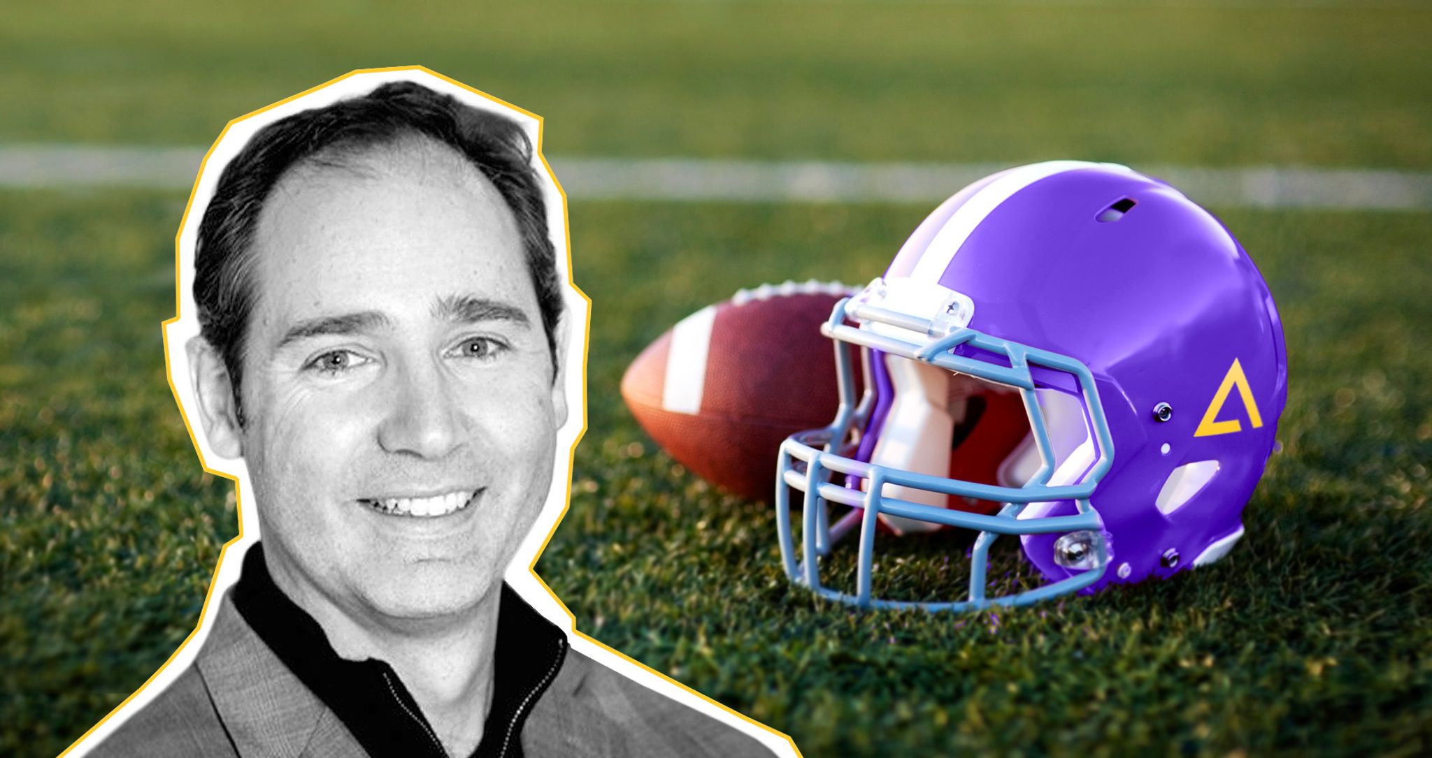 Joel Varty headshot against an image of an American football next to a football helmet with the Agility logo on the side.