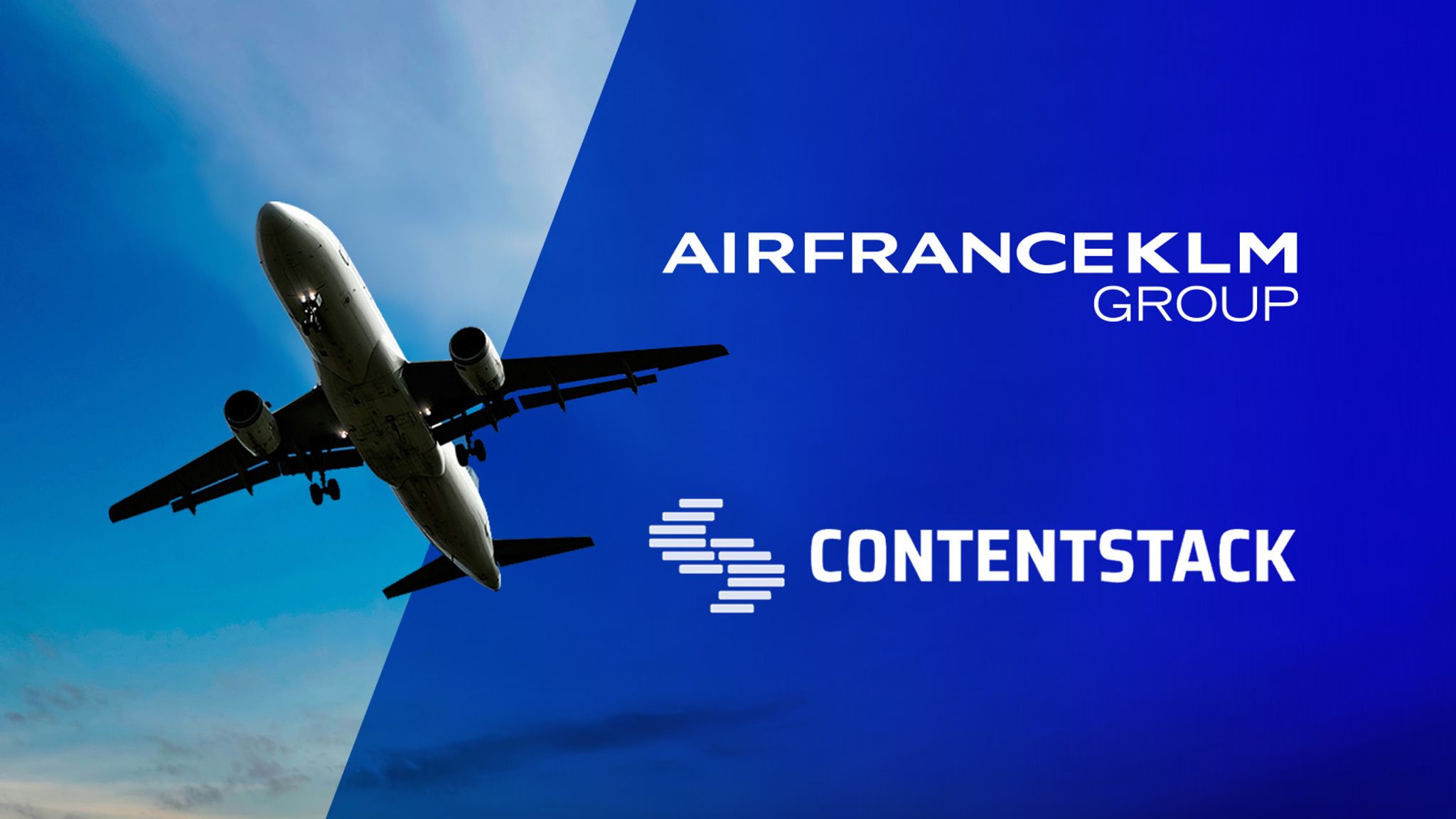 Plane flying in sky with logos of AirFrance KLM and Contentstack