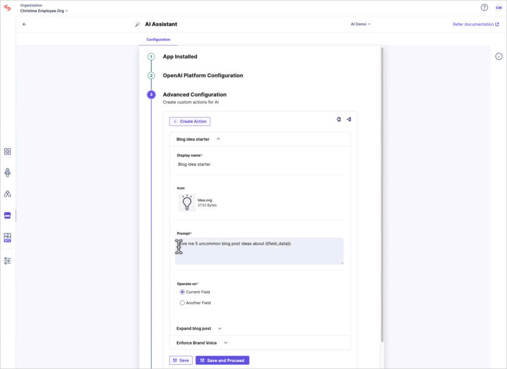 Contentstack screen showing the AI idea prompt.