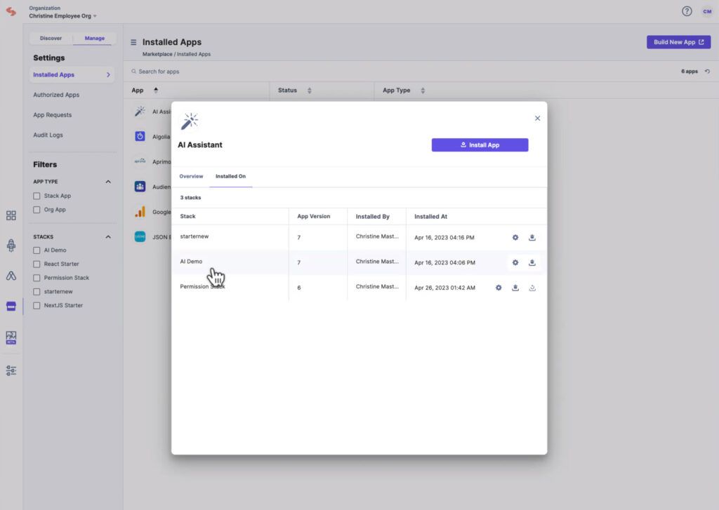 Contentstack screen showing the installation process