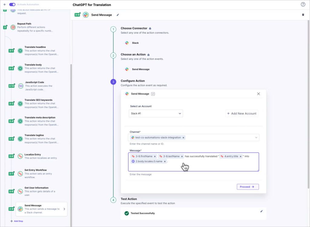 Contentstack screen showing translation with ChatGPT and Slack connector.