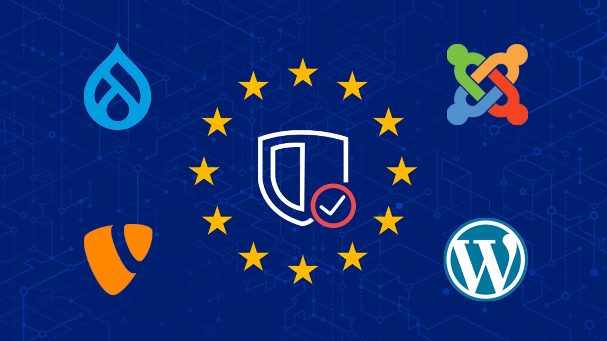 Collection of open source logo icons for Drupal, Joomla, TYPO3, and WordPress, all surrounding a circle of yellow stars that represent the flag of the EU. In the center of the star circle is a graphic icon of a shield and a checkmark, representing the Cybersecurity Resilience Act (CRA).