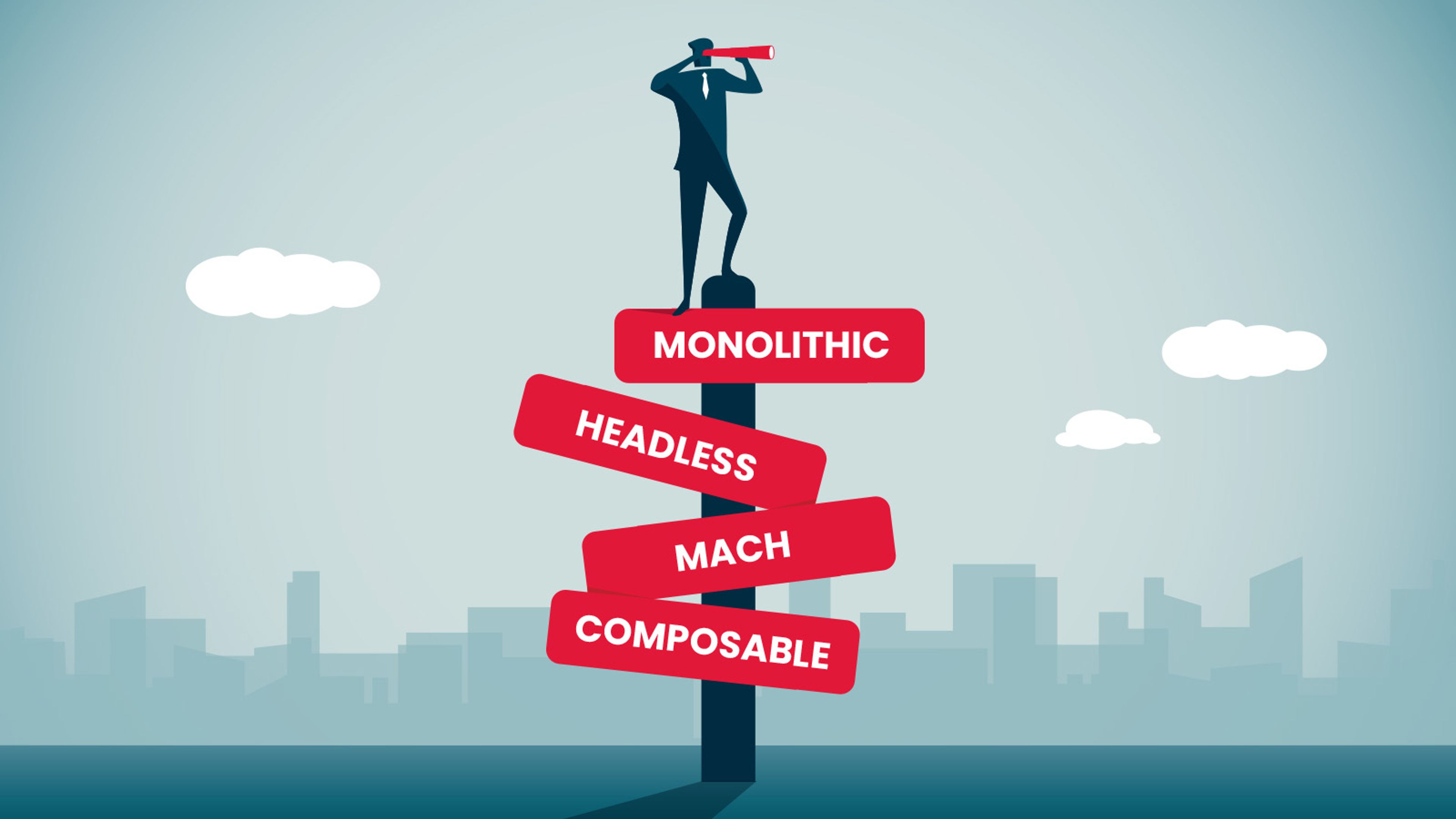 Vector illustration of a man at the top of a sign with posts reading "Monolithic," "Composable," "Headless," and "MACH." A city skyline can be seen in the distance.