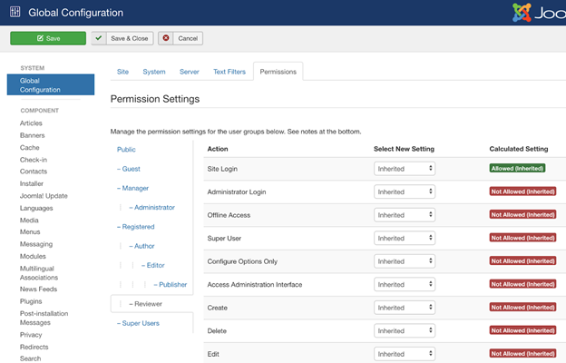 Permissions setting in Joomla