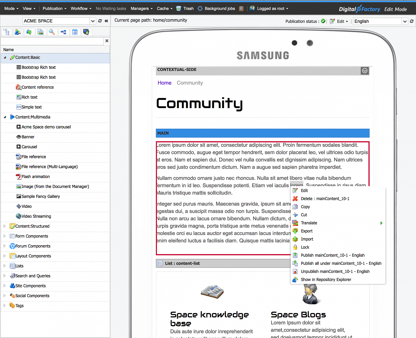 Jahia 7 Digital Factory - edit mode with mobile in context rendering: