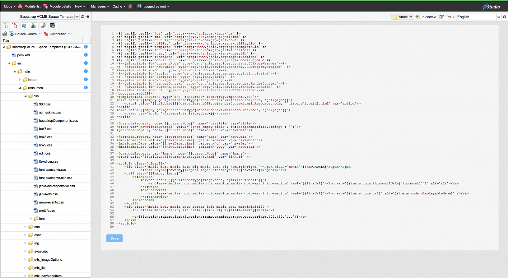 Jahia Studio - integrated browser based IDE: