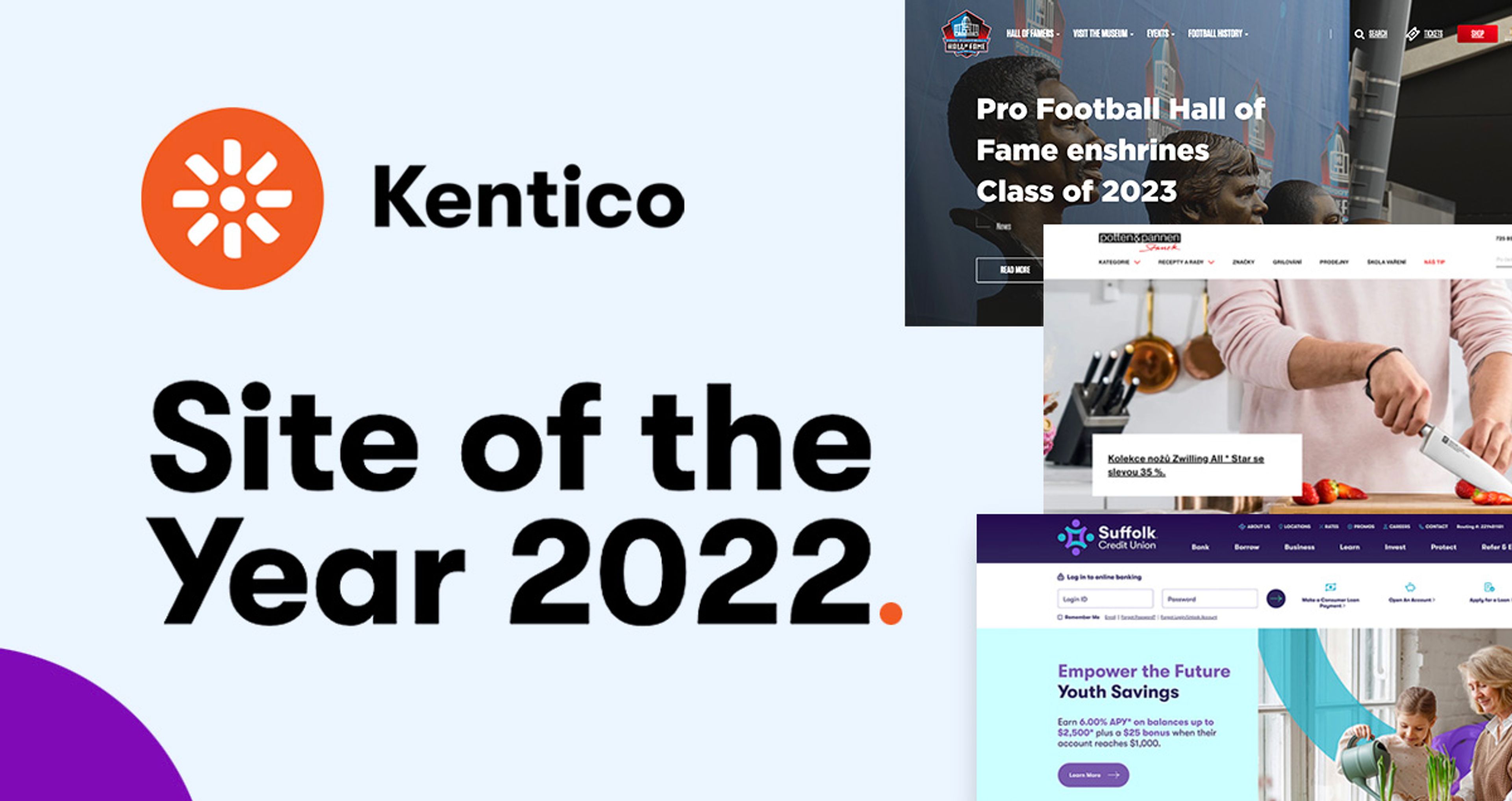 Test reading Kentico Site of the Year 2022 with Kentico logo and thumbnails of three websites from the article.