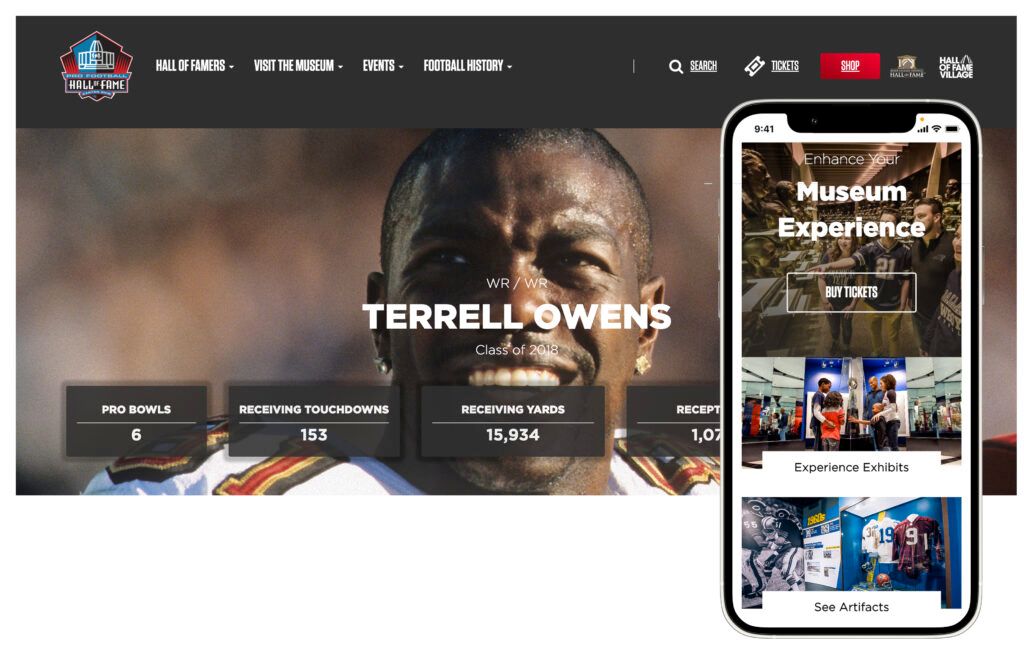 Kentico Site of the Year 2022 example of the Pro Football Hall of Fame with both desktop and mobile views