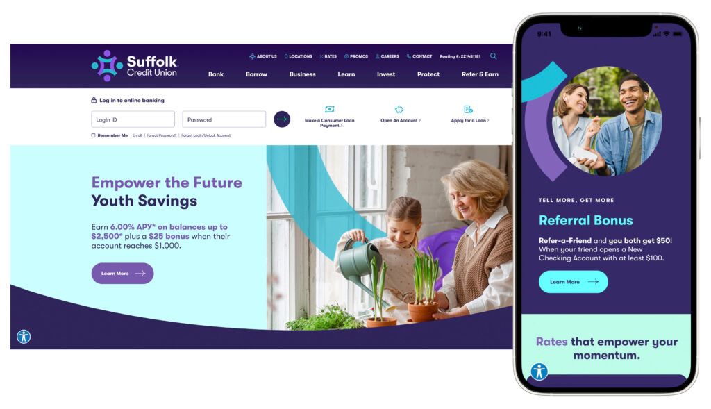 Kentico Site of the Year 2022 example of Suffolk Credit Union with both desktop and mobile views