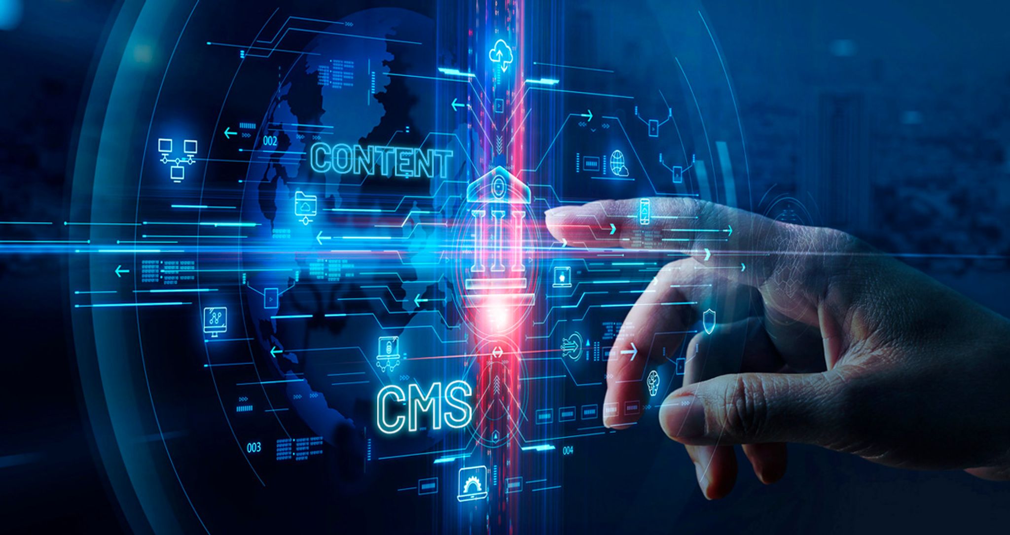 Hand touching virtual hologram of banking and financial technology services, with the words "CMS" and "content floating in the composite imagery.