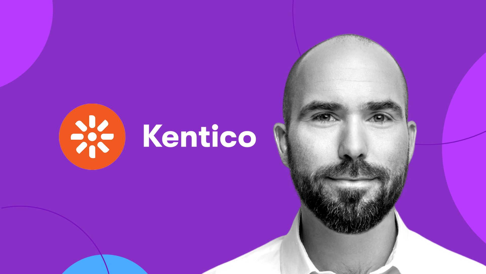 Headshot of Jenda Perla against a graphic background plus the Kentico logo