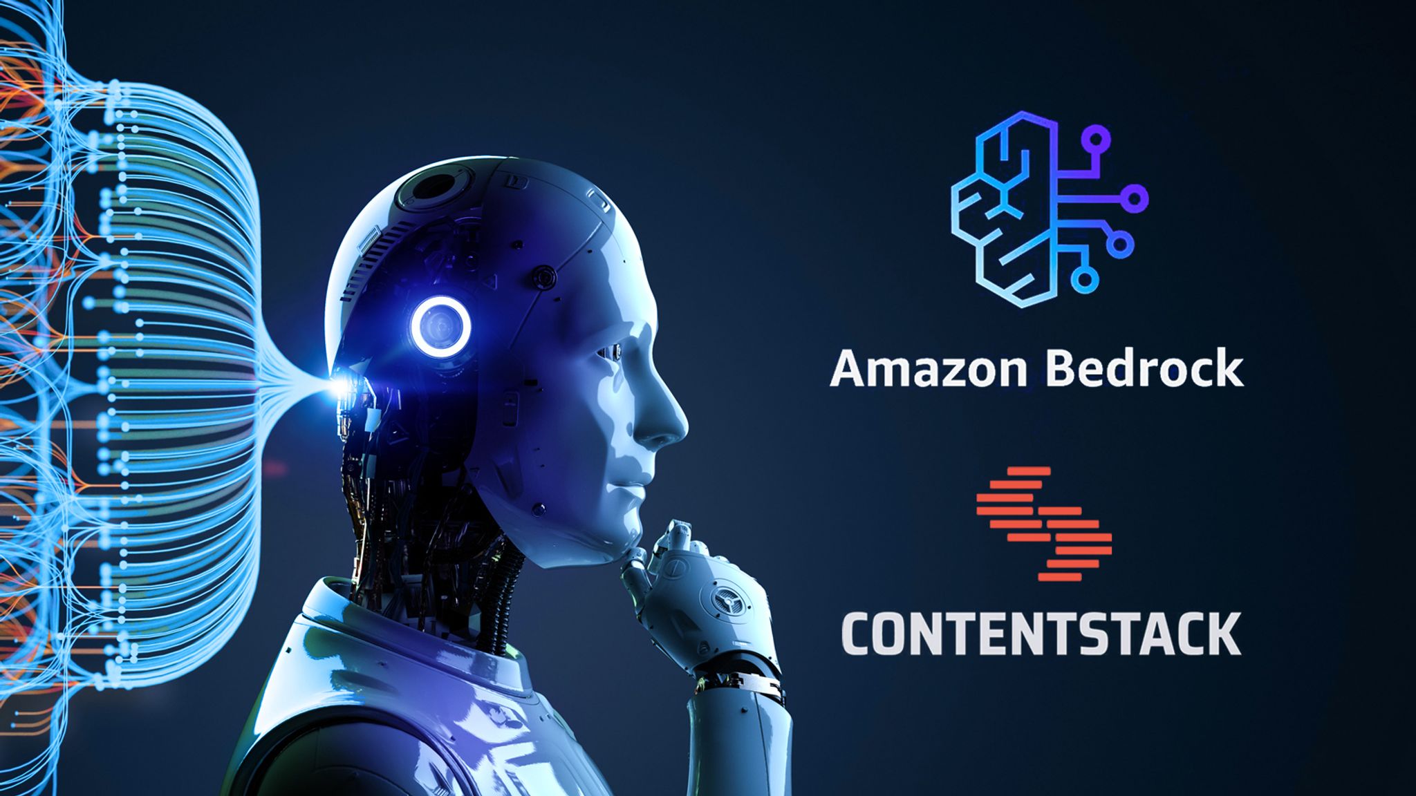 AI robot with digital connections next to Amazon Bedrock and Contentstack logos
