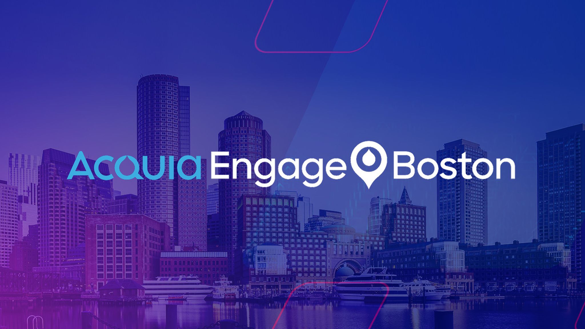 Acquia Engage Boston logo over an image of downtown Boston near the harbor, with a dark purple overlay