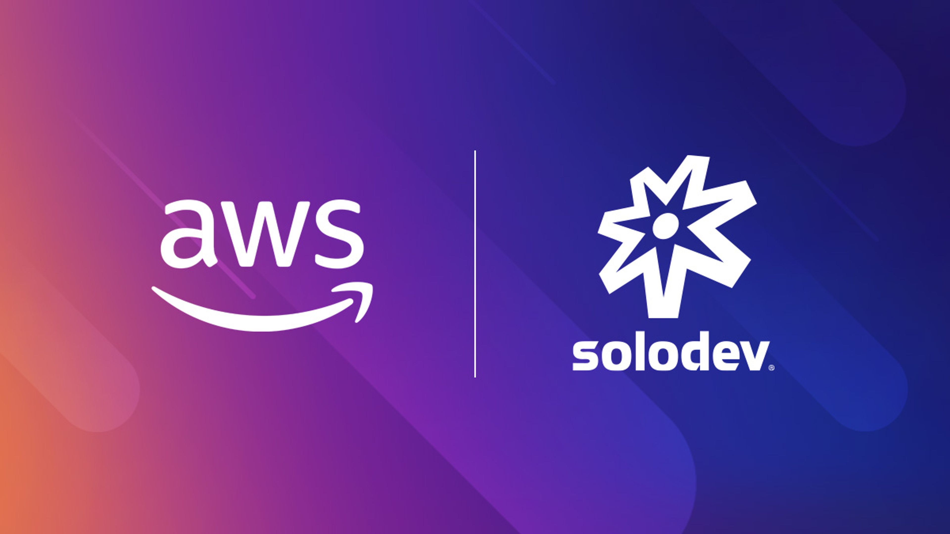AWS and Solodev logos against a dark background with vector graphics elements.
