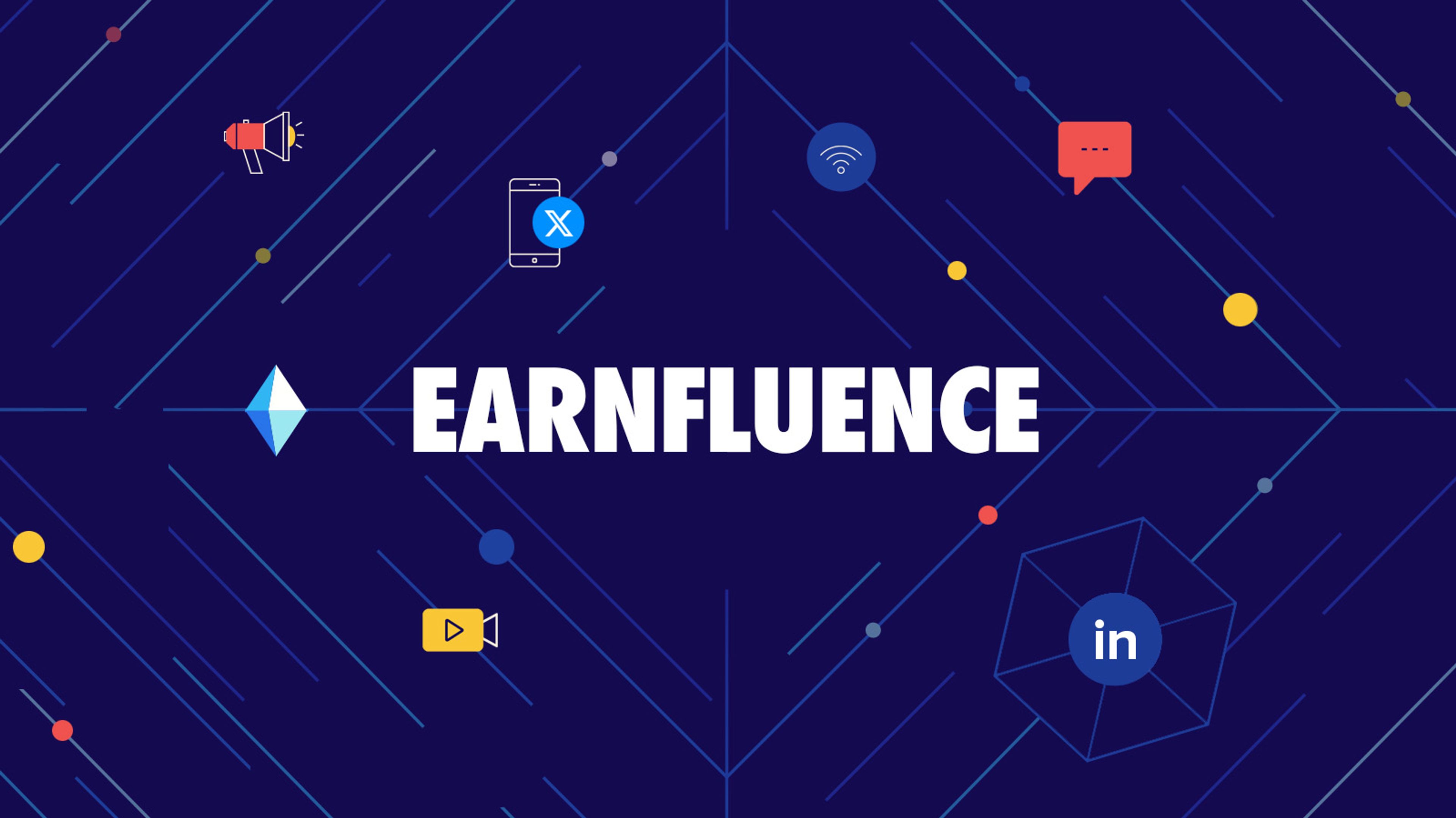 The word "EARNFLUENCE" again a dark background with vector graphics of different media