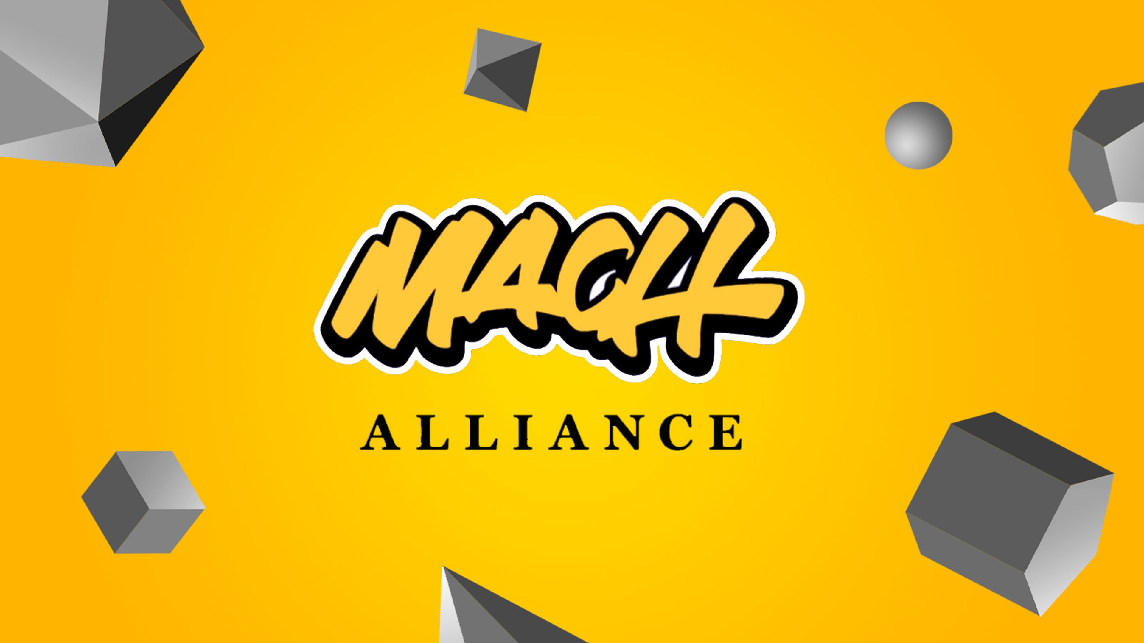 MACH Alliance logo surrounded by three-dimensional geometric shapes floating around it