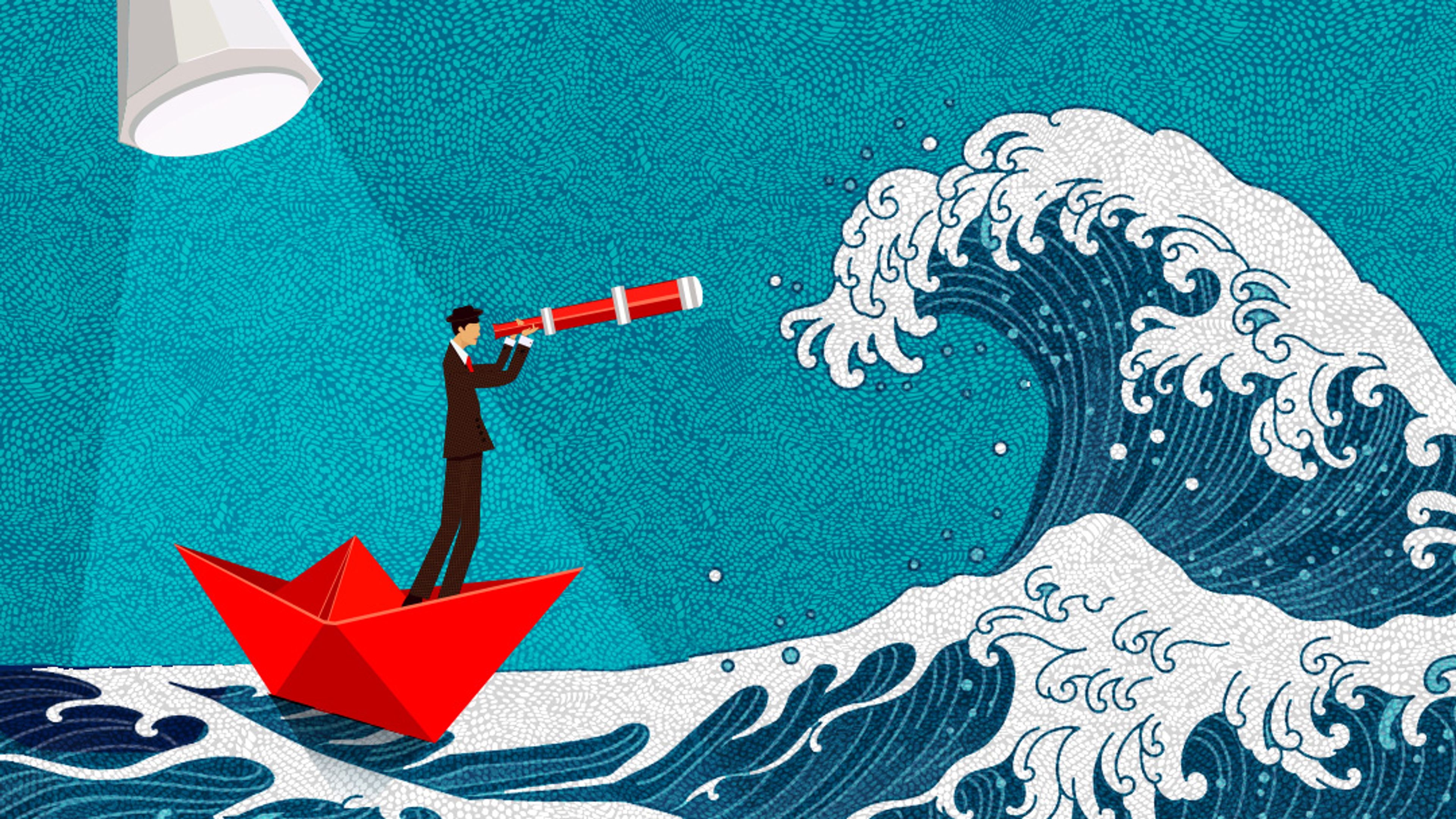 Vector illustration man on a paper boat with a telescope looking at a wave