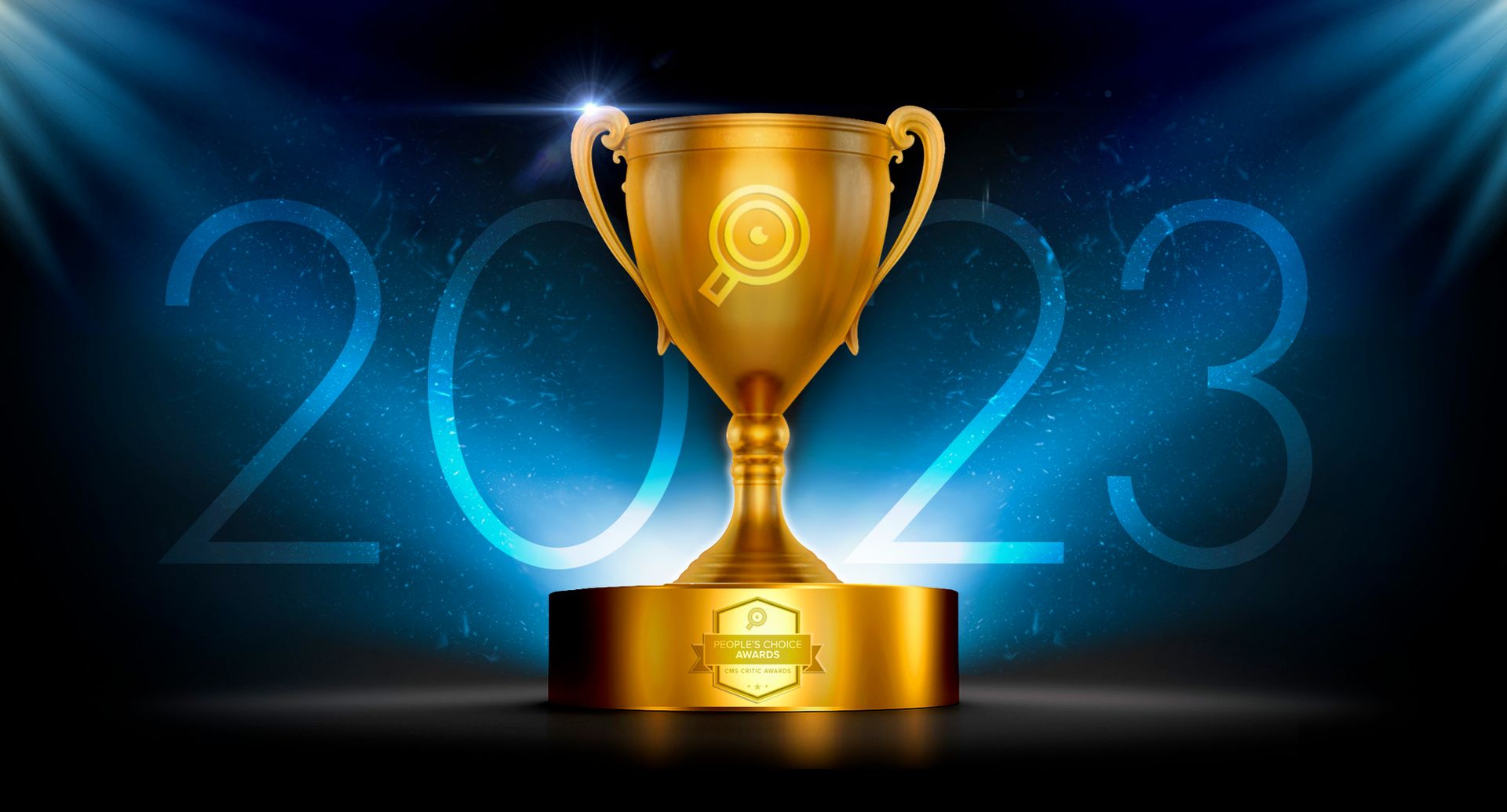 Golden trophy against a dark background with "2023" text floating behind it. The trophy has an embossed CMS Critic "magnifying glass" icon from the logo, along with an embossed badge of the CMS Critic People's Choice Awards at the base. 