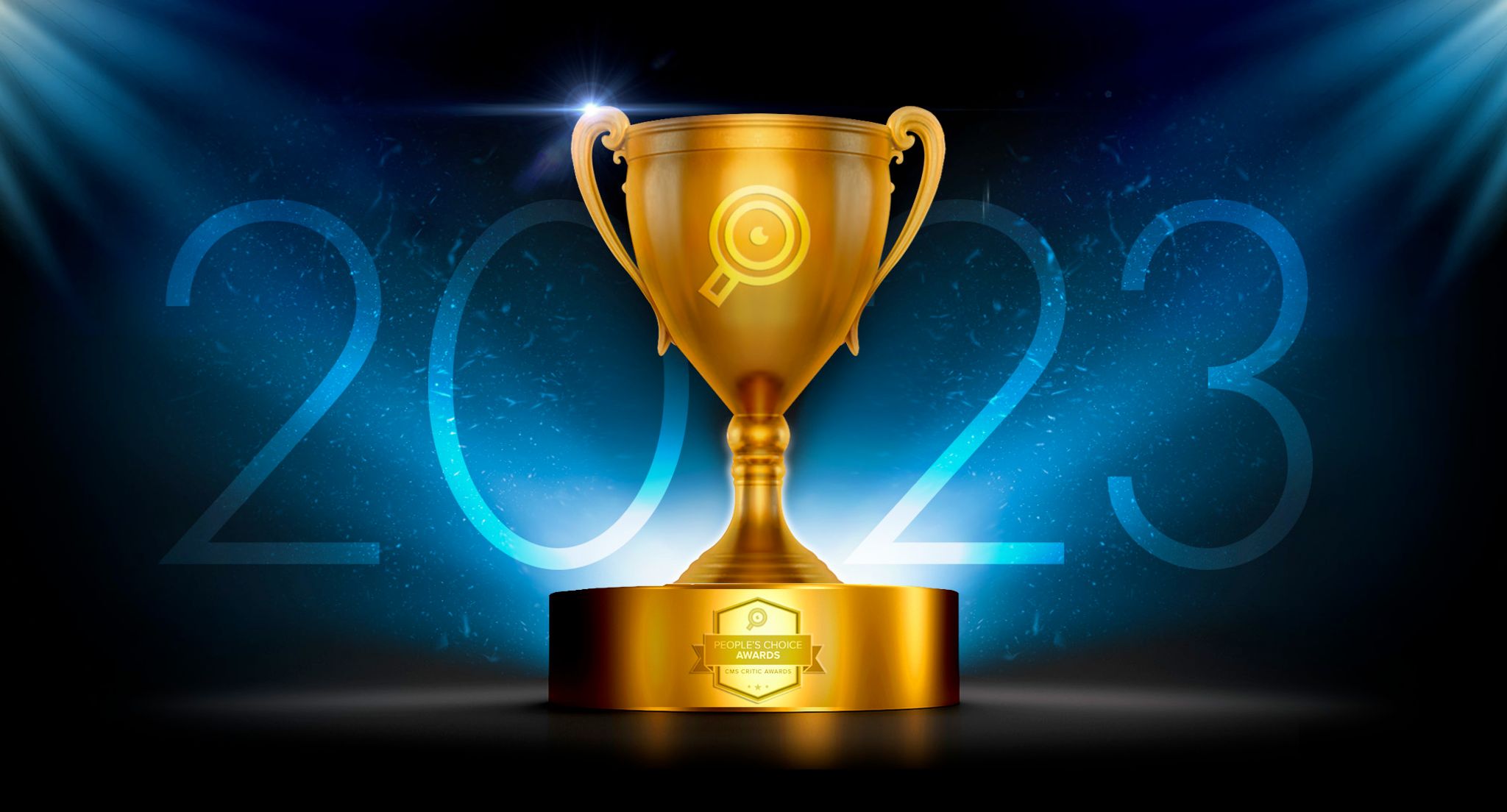 Golden trophy against a dark background with "2023" text floating behind it. The trophy has an embossed CMS Critic "magnifying glass" icon from the logo, along with an embossed badge of the CMS Critic People's Choice Awards at the base. 