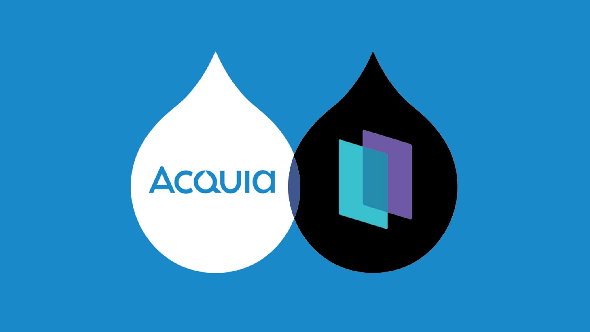 Acquia logo and Monsido logo icon inside two droplet icons against a blue background.