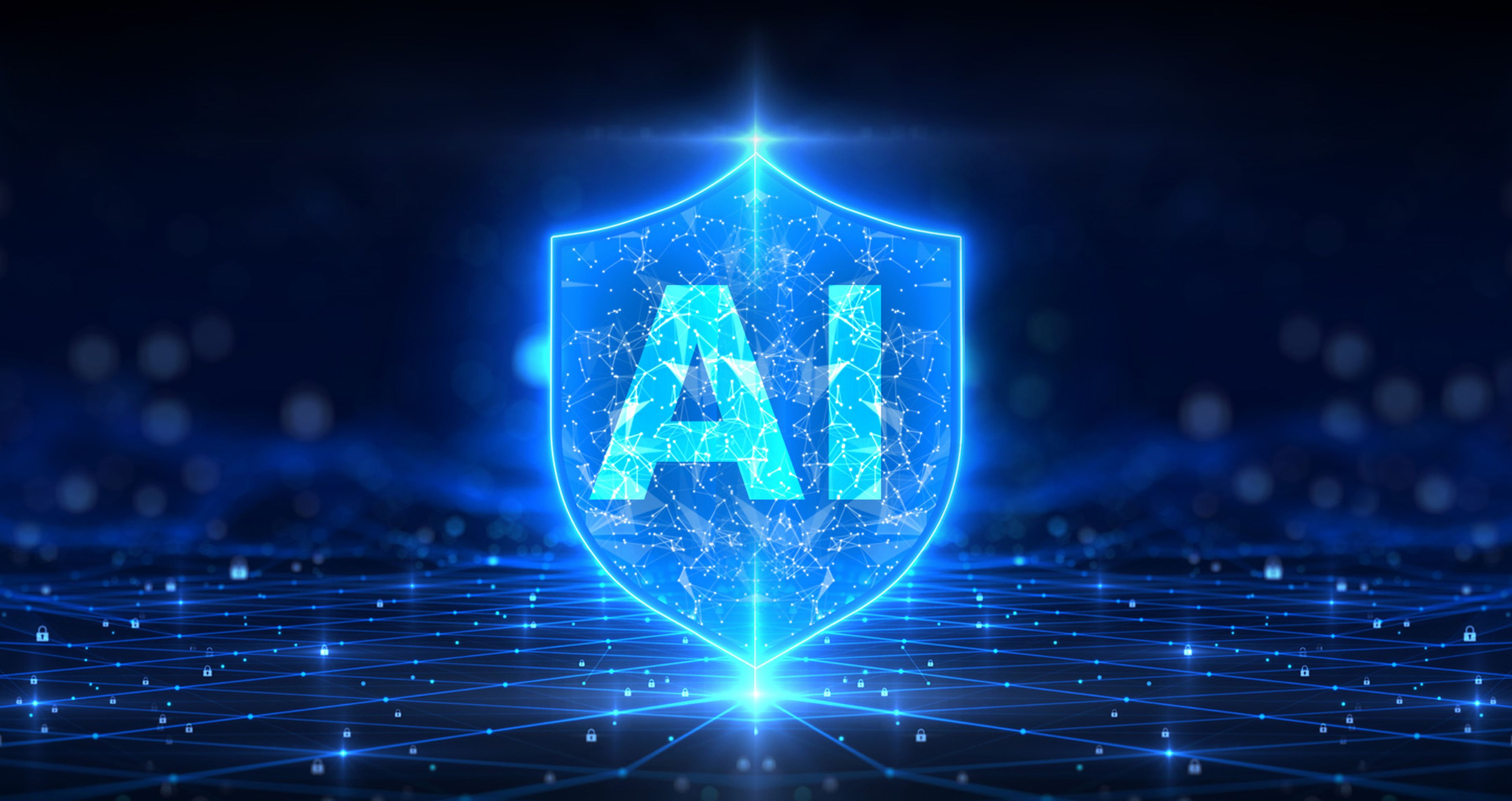 An illustration of a digital cybersecurity shield with connected lines shooting out from its center, with the letters "AI" within the shield.