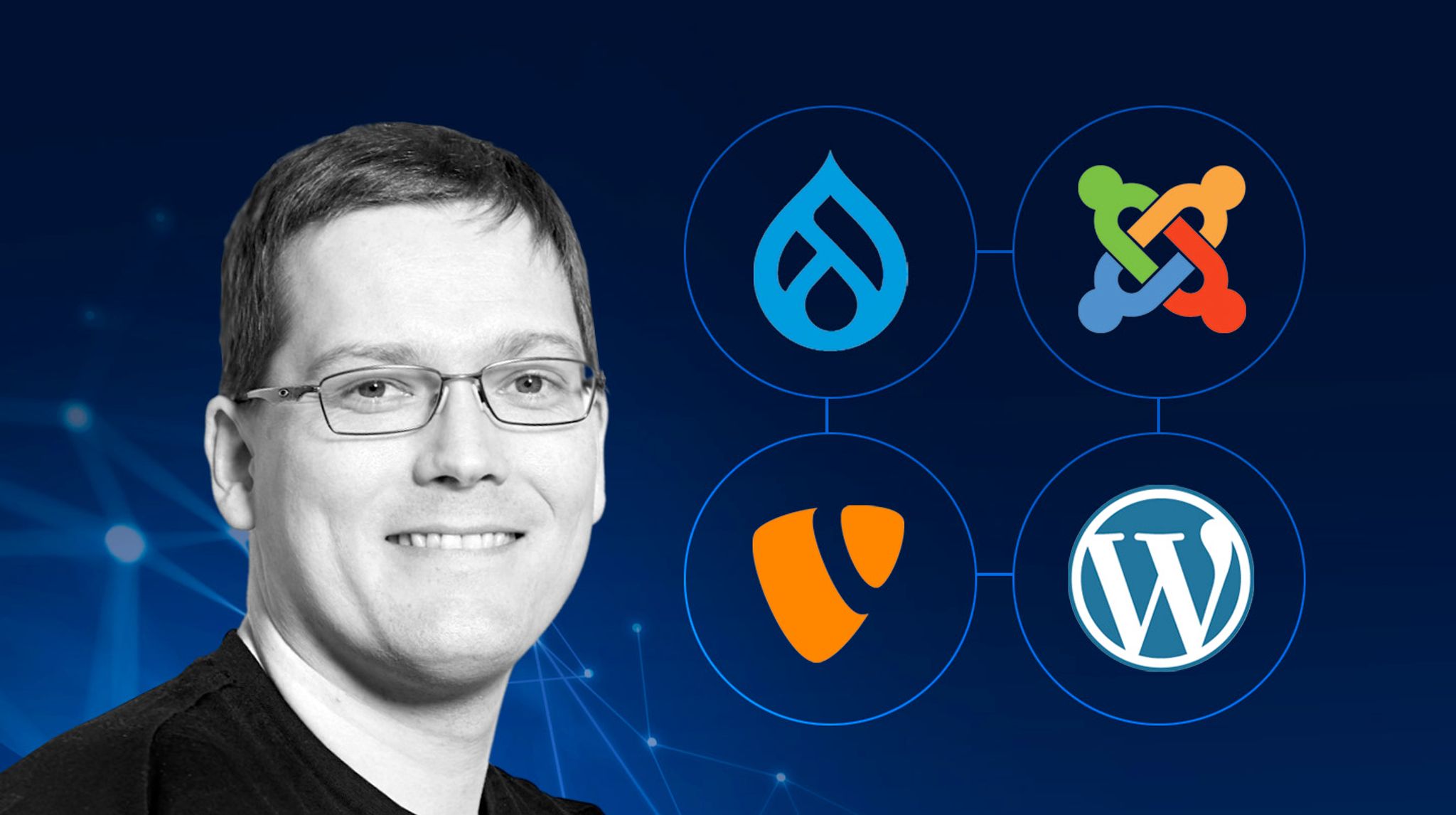 Mathias Bolt Lesniak headshot with logo icons of Drupal, Joomla, TYPO3 and WordPress