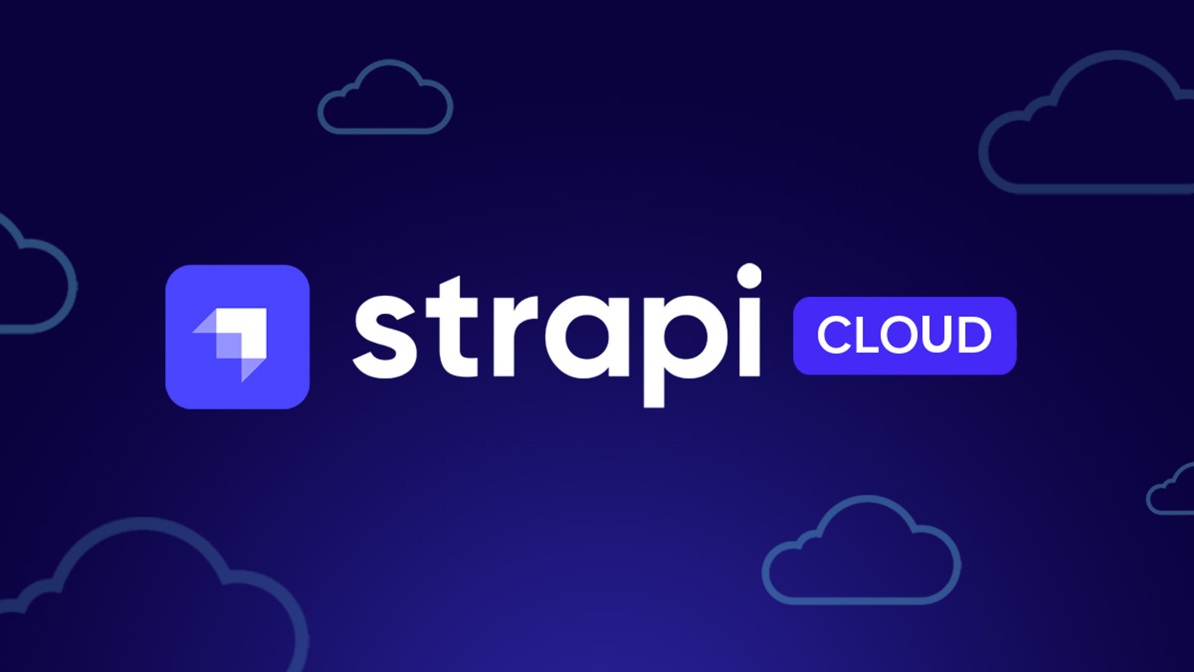 Strapi Cloud logo against a dark background with cloud graphics. 