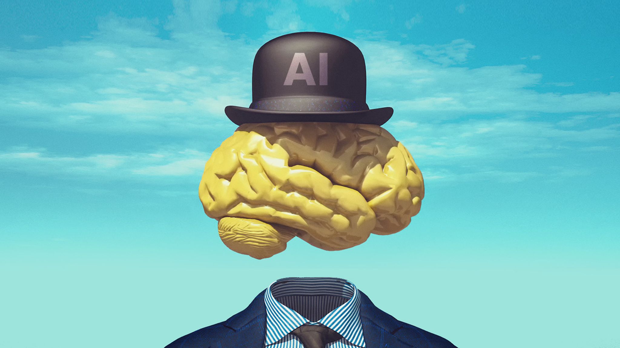 Image of a large, yellow brain with a bowler hat on top of it, with the letters "AI" printed on the hat. The brain and hat are floating above a man's torso, where the head should be - but is not there.