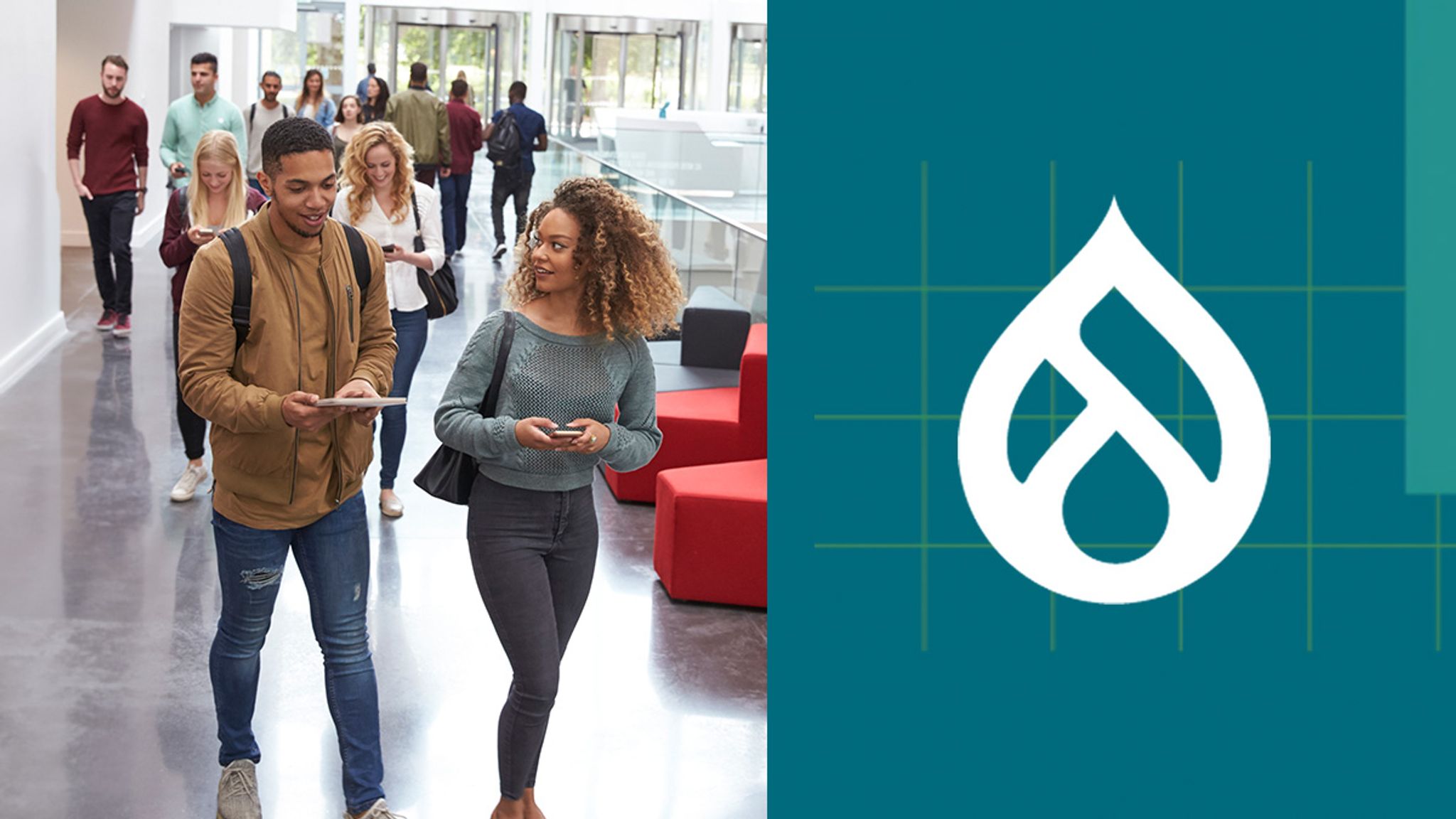College students in a building walking together with the Drupal logo to the right side.