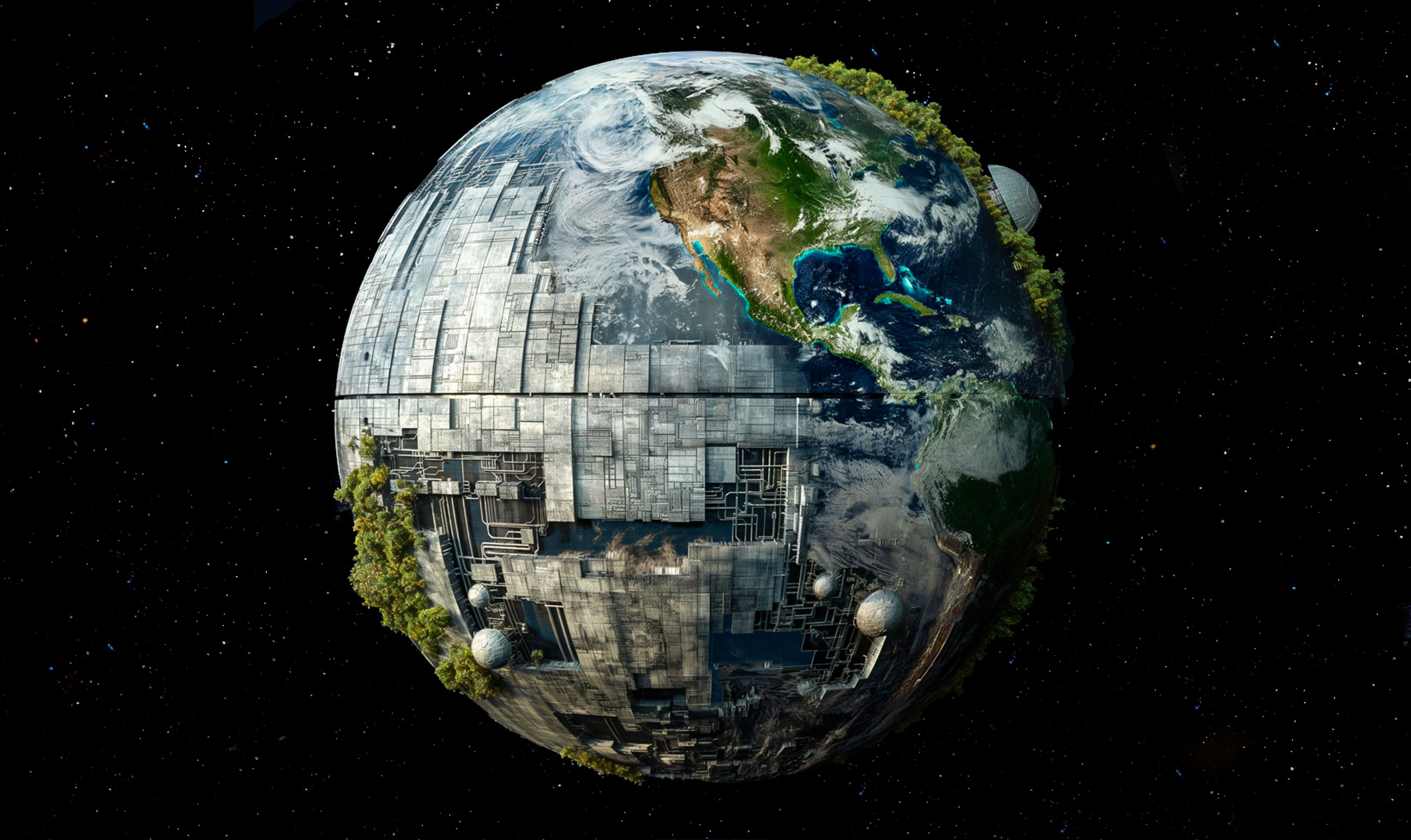 A photo-realistic fictional image of the earth, floating in space, being transformed into a metal-covered planet - similar to the Star Wars Death Star. 